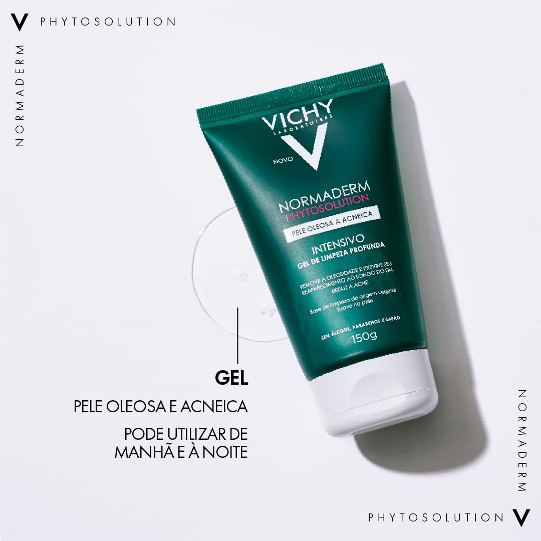 Vichy Normaderm Phytosolution Gel de Limpeza Facial Intensivo, para Pele Oleosa e Acneica, com Ingredientes de Origem Natural, Remove Oleosidade, Reduz Acne e Previne Reaparecimento, 300g