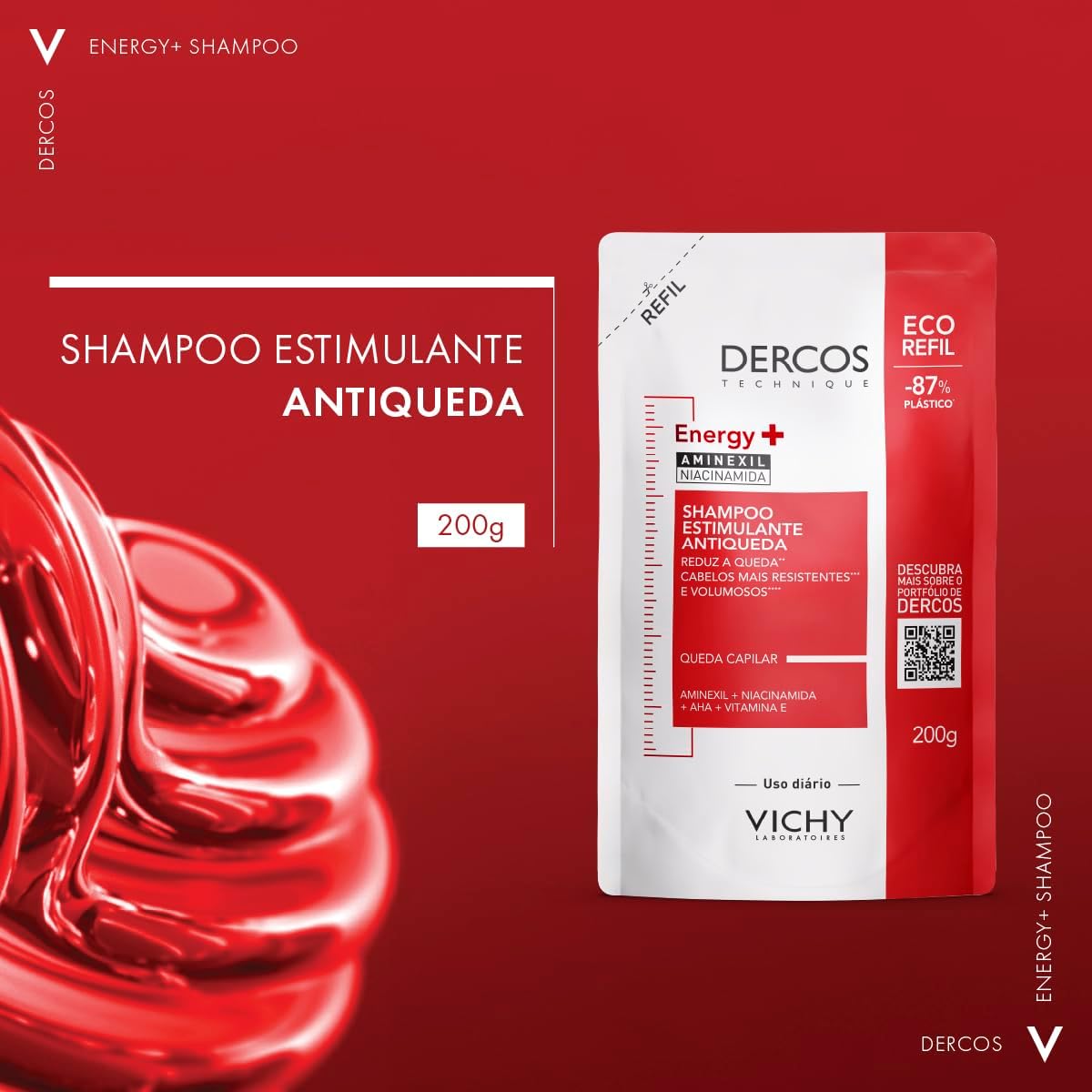 Vichy Dercos Energy+, Refil Shampoo Estimulante, Tratamento Antiqueda para Cabelos Fracos e Quebradiços, Fortalece os Fios com Aminexil, AHA, Niacinamida e Vitamina E, 200g