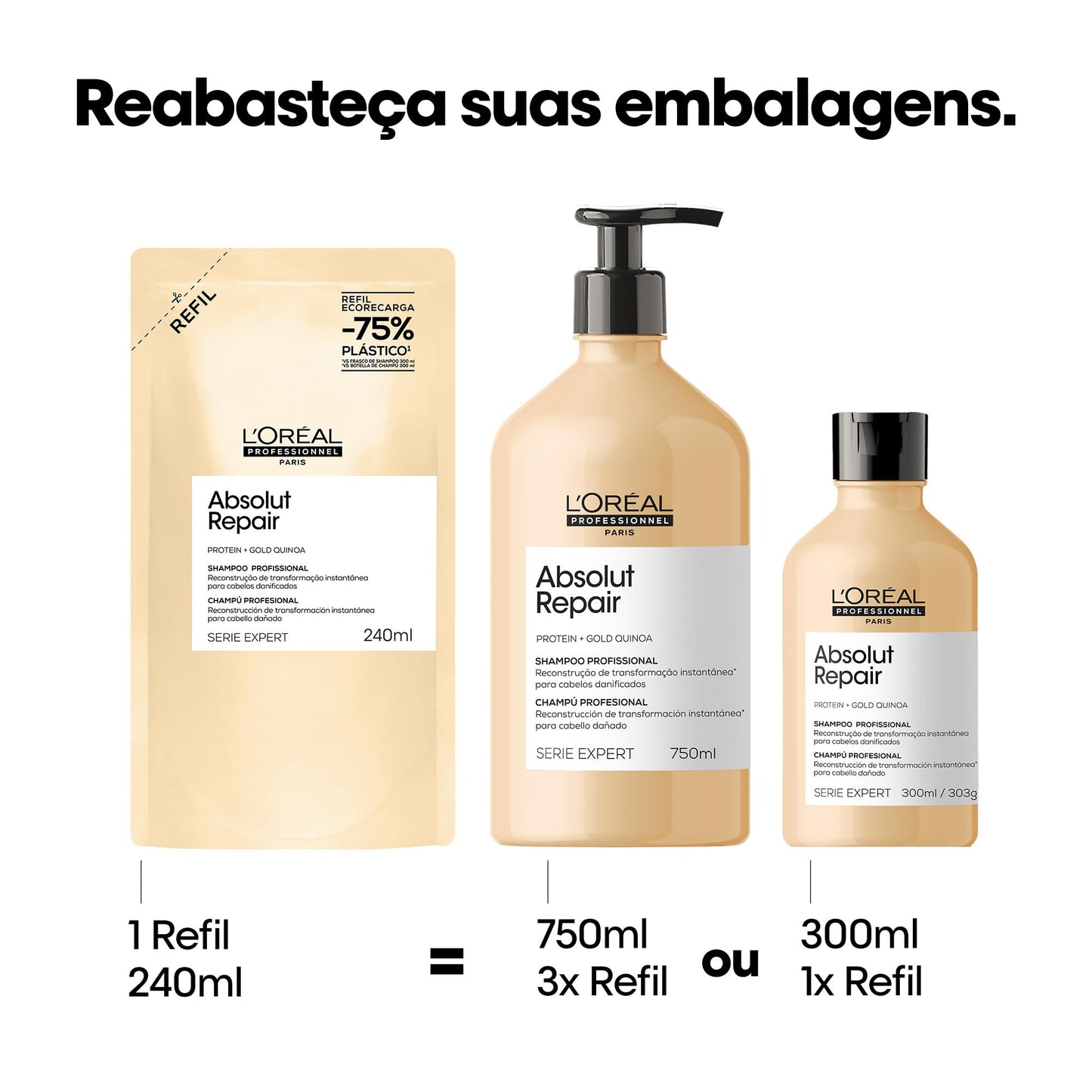 L'Oréal Professionnel Serie Expert Absolut Repair, Shampoo Reconstrutor para Cabelos Danificados e Finos Refil com Quinoa Dourada, Reparação Profunda e Brilho Intenso 240ml