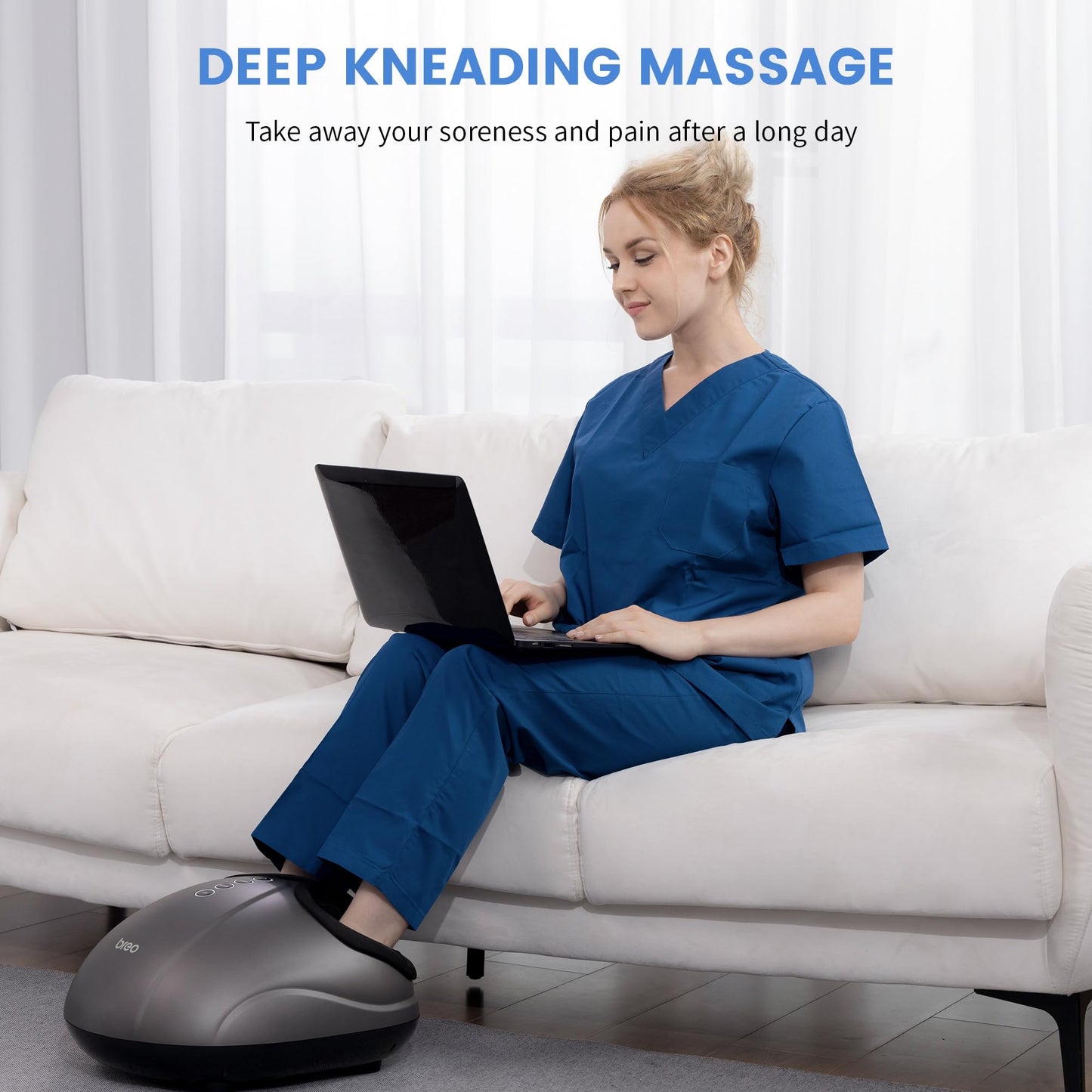 Breo Massageador de pé com calor, terapia de massagem de massagem de massagem de joelho, rolamento profundo, alivia a dor do pé para até o tamanho 11