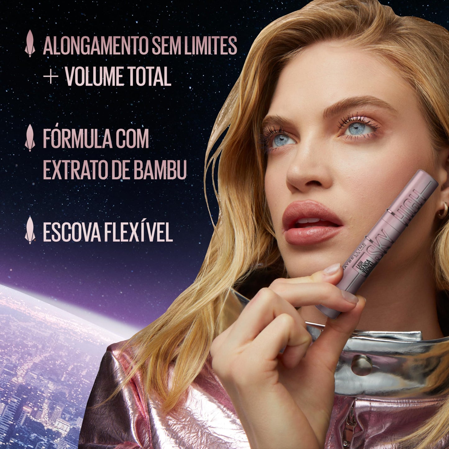 Lash Sensational Sky High Maybelline NY, Máscara de Cílios À Prova d'Água, Alongamento e Volume de Longa Duração com Extrato de Bambu, Cor Preto, 7,2ml