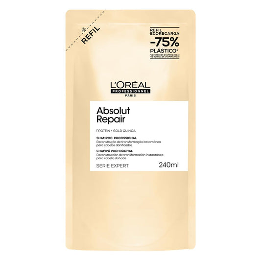 L'Oréal Professionnel Serie Expert Absolut Repair, Shampoo Reconstrutor para Cabelos Danificados e Finos Refil com Quinoa Dourada, Reparação Profunda e Brilho Intenso 240ml