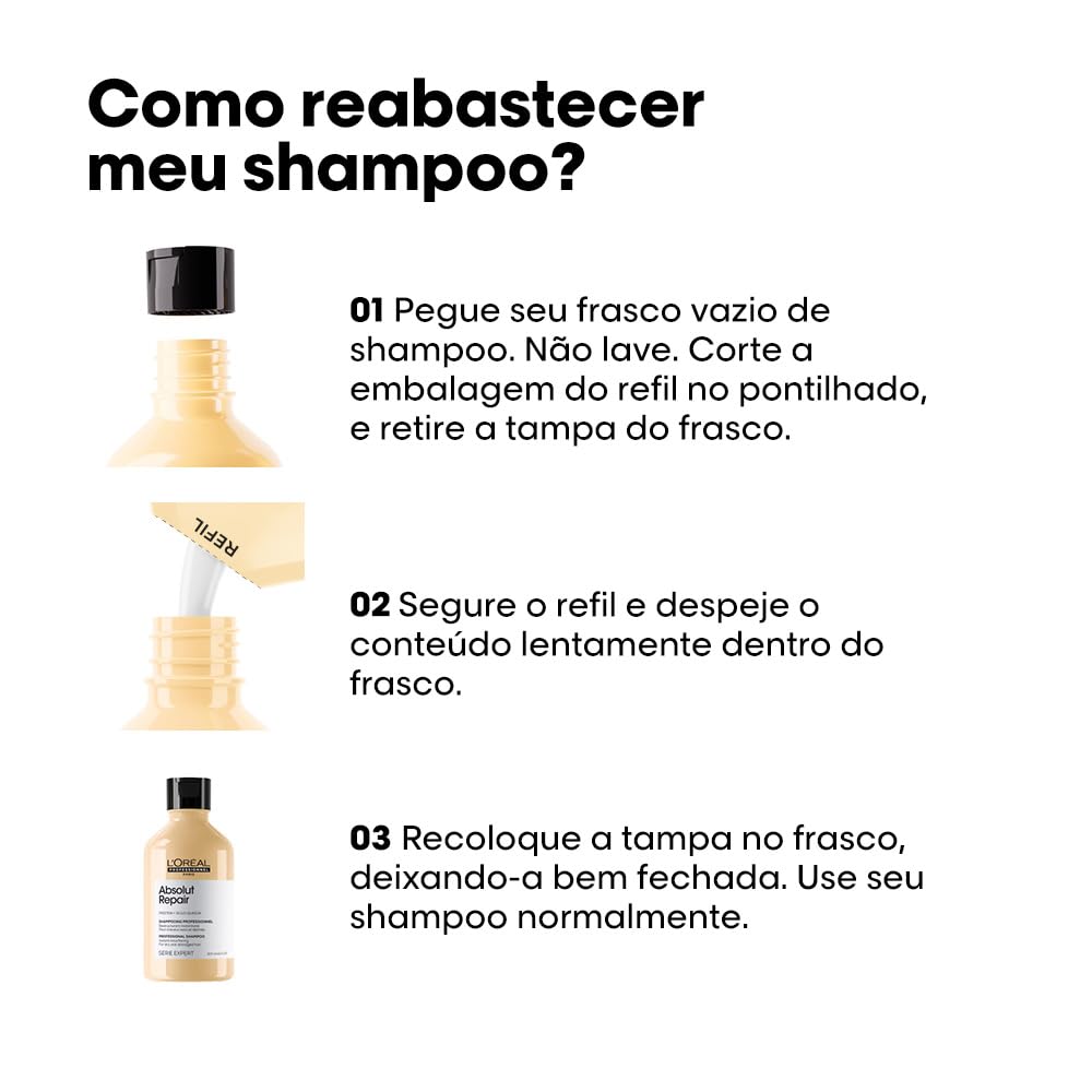 L'Oréal Professionnel Serie Expert Absolut Repair, Shampoo Reconstrutor para Cabelos Danificados e Finos Refil com Quinoa Dourada, Reparação Profunda e Brilho Intenso 240ml