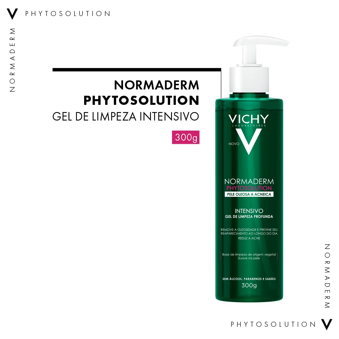 Vichy Normaderm Phytosolution Gel de Limpeza Facial Intensivo, para Pele Oleosa e Acneica, com Ingredientes de Origem Natural, Remove Oleosidade, Reduz Acne e Previne Reaparecimento, 300g