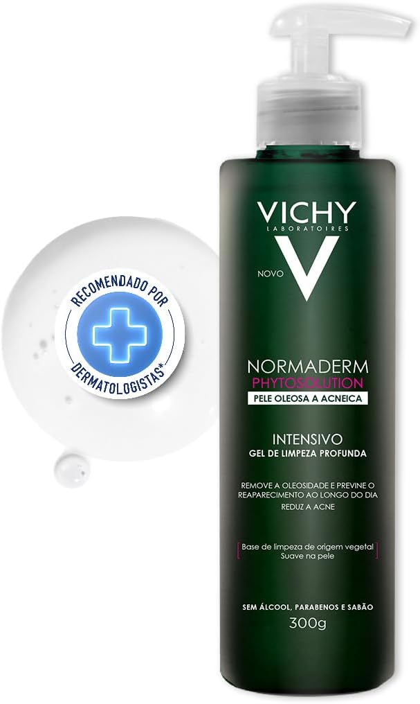 Vichy Normaderm Phytosolution Gel de Limpeza Facial Intensivo, para Pele Oleosa e Acneica, com Ingredientes de Origem Natural, Remove Oleosidade, Reduz Acne e Previne Reaparecimento, 300g