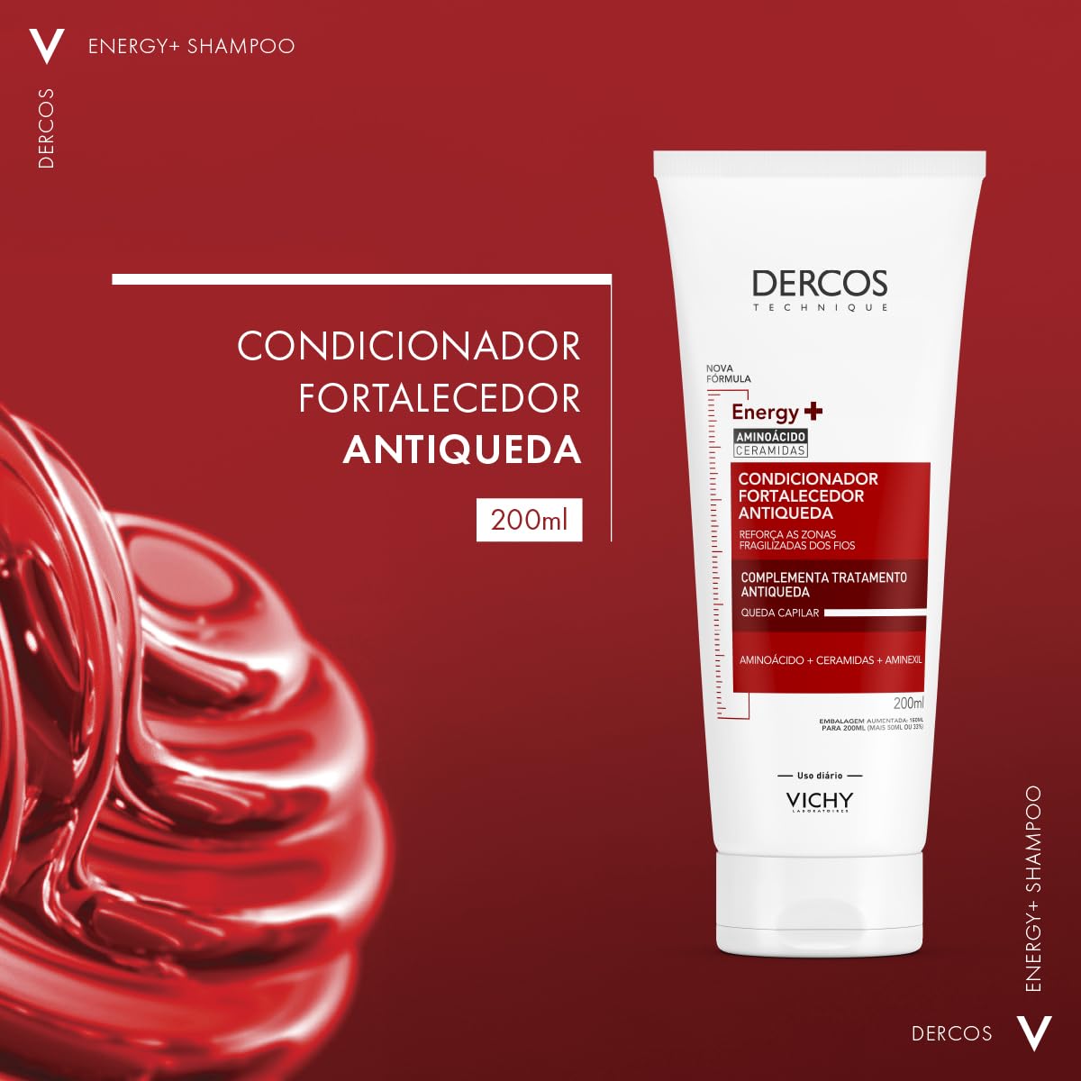 Vichy Dercos Energy+ Condicionador Fortalecedor Antiqueda com Aminexil, Aminoácidos e Ceramidas, Reduz Quebra, Reforça Estrutura dos Fios, Aumenta Resistência Capilar, 200ml
