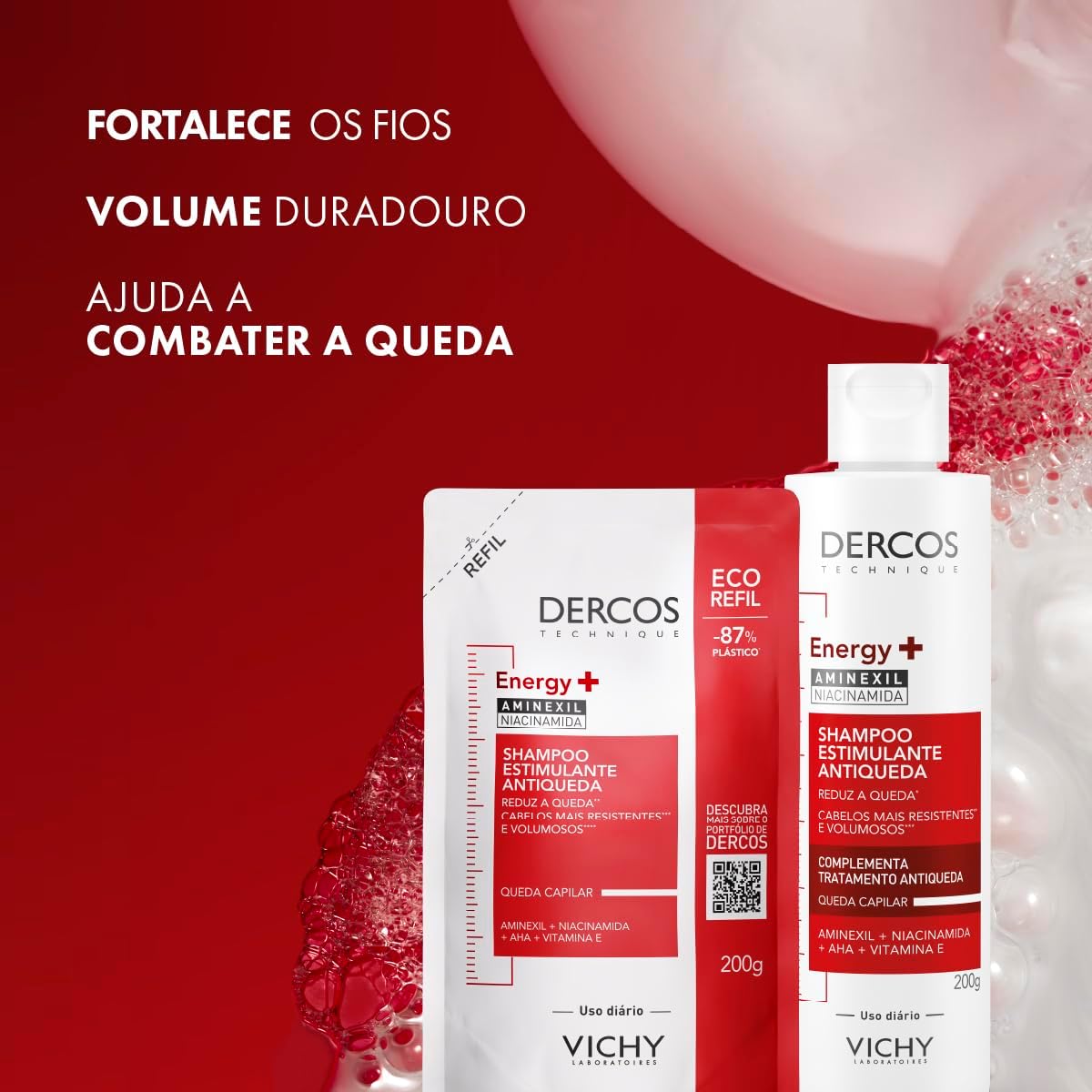 Vichy Dercos Energy+, Refil Shampoo Estimulante, Tratamento Antiqueda para Cabelos Fracos e Quebradiços, Fortalece os Fios com Aminexil, AHA, Niacinamida e Vitamina E, 200g