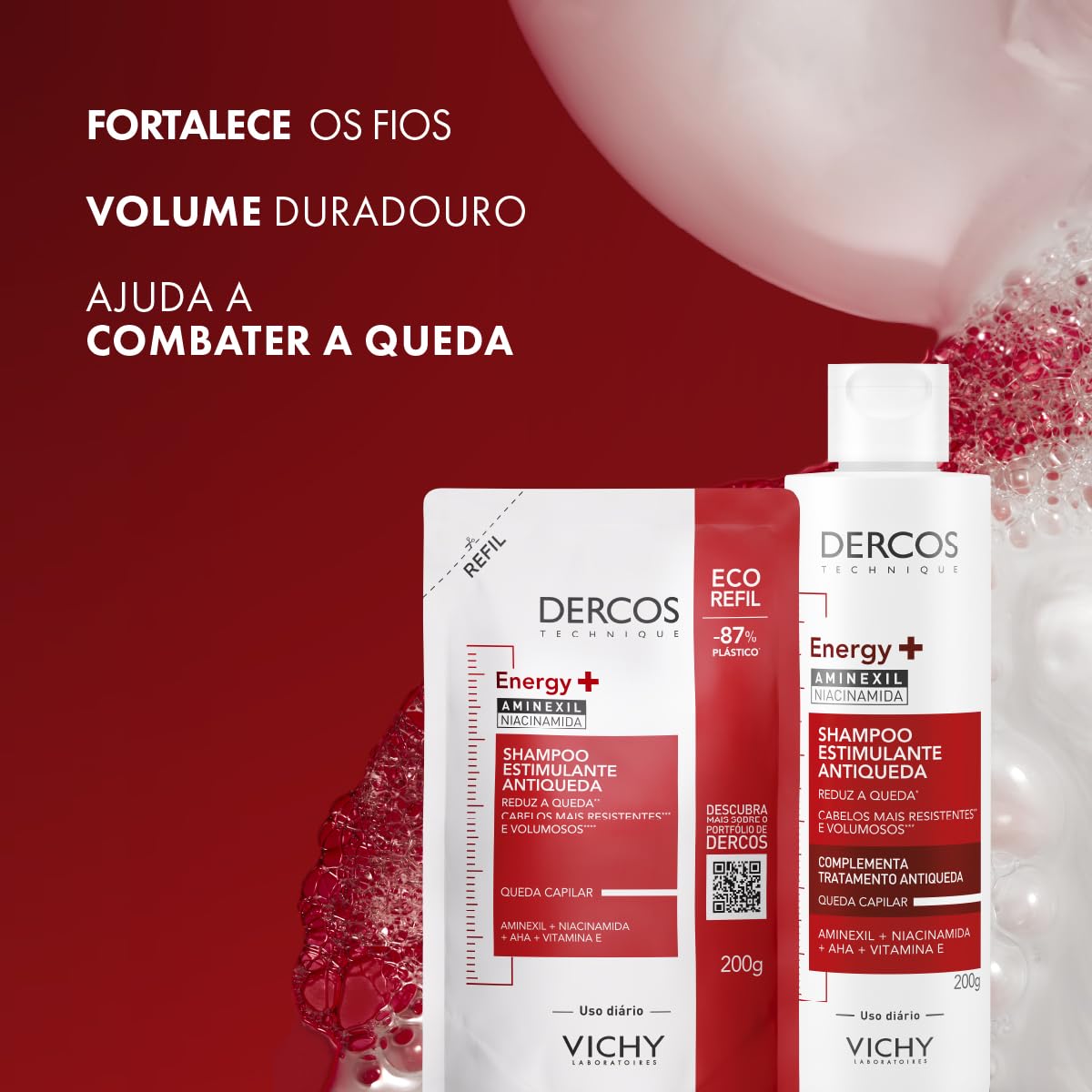 Vichy Dercos Energy+, Refil Shampoo Estimulante, Tratamento Antiqueda para Cabelos Fracos e Quebradiços, Fortalece os Fios com Aminexil, AHA, Niacinamida e Vitamina E, 200g