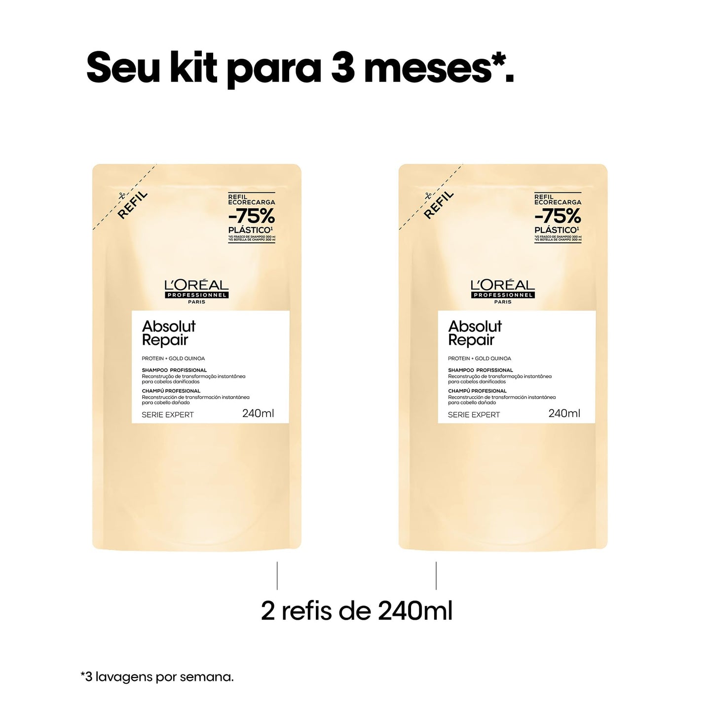 L'Oréal Professionnel Serie Expert Absolut Repair, Shampoo Reconstrutor para Cabelos Danificados e Finos Refil com Quinoa Dourada, Reparação Profunda e Brilho Intenso 240ml
