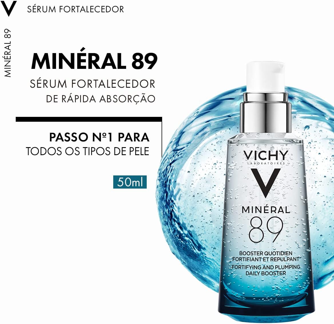Vichy Minéral 89 Sérum Facial Hidratante com Ácido Hialurônico e Minerais, Fortalece e Hidrata Profundamente a Pele, Textura Gel Absorção Rápida, Todos os Tipos de Pele, 50ml