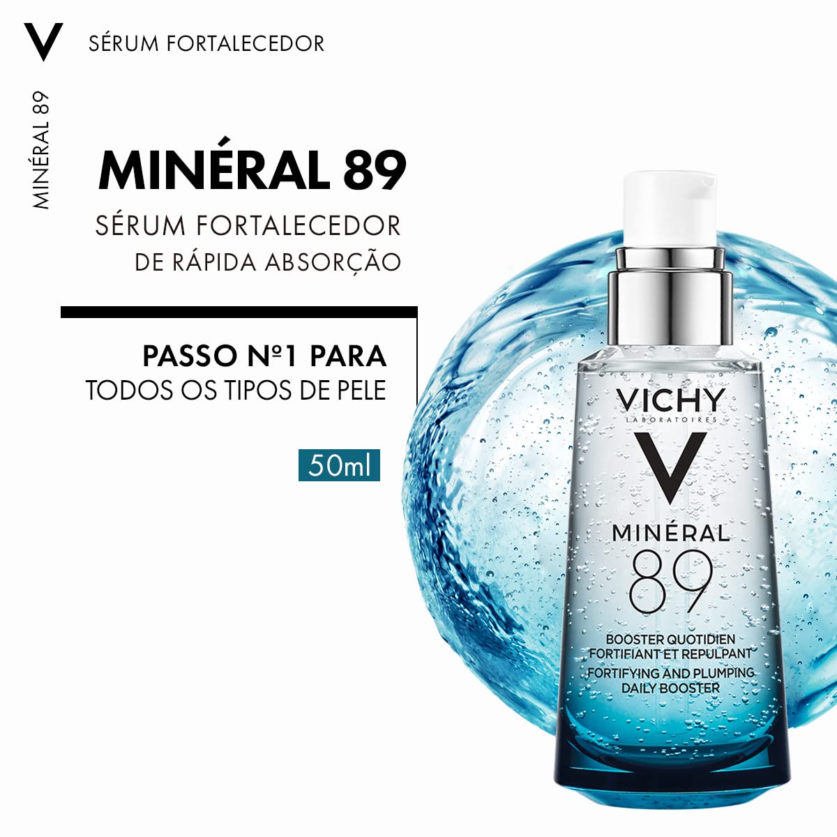 Vichy Minéral 89 Sérum Facial Hidratante com Ácido Hialurônico e Minerais, Fortalece e Hidrata Profundamente a Pele, Textura Gel Absorção Rápida, Todos os Tipos de Pele, 50ml
