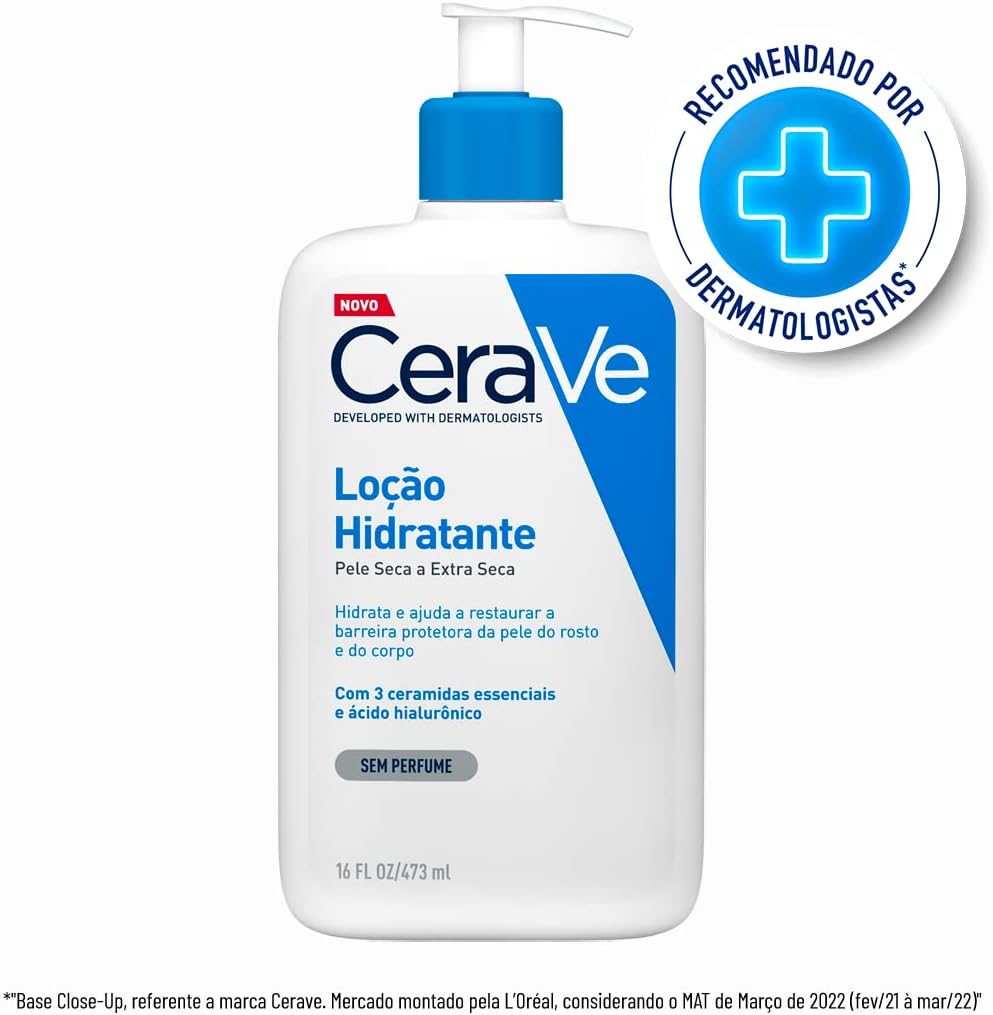 CeraVe Loção Hidratante Corporal com 3 Ceramidas e Ácido Hialurônico, Hidratação 24h, Textura Fluida para Pele Seca a Extra Seca, Sem Perfume, Rápida Absorção, 473ml
