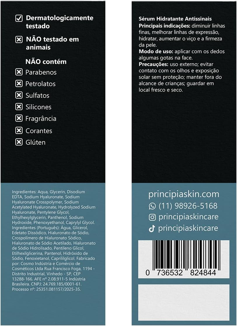 PRINCIPIA, Sérum 2% Ácidos Hialurônicos + Vitamina B5 AH-2- Hidratante Antissinais com 30ml