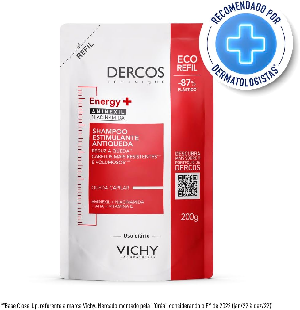 Vichy Dercos Energy+, Refil Shampoo Estimulante, Tratamento Antiqueda para Cabelos Fracos e Quebradiços, Fortalece os Fios com Aminexil, AHA, Niacinamida e Vitamina E, 200g