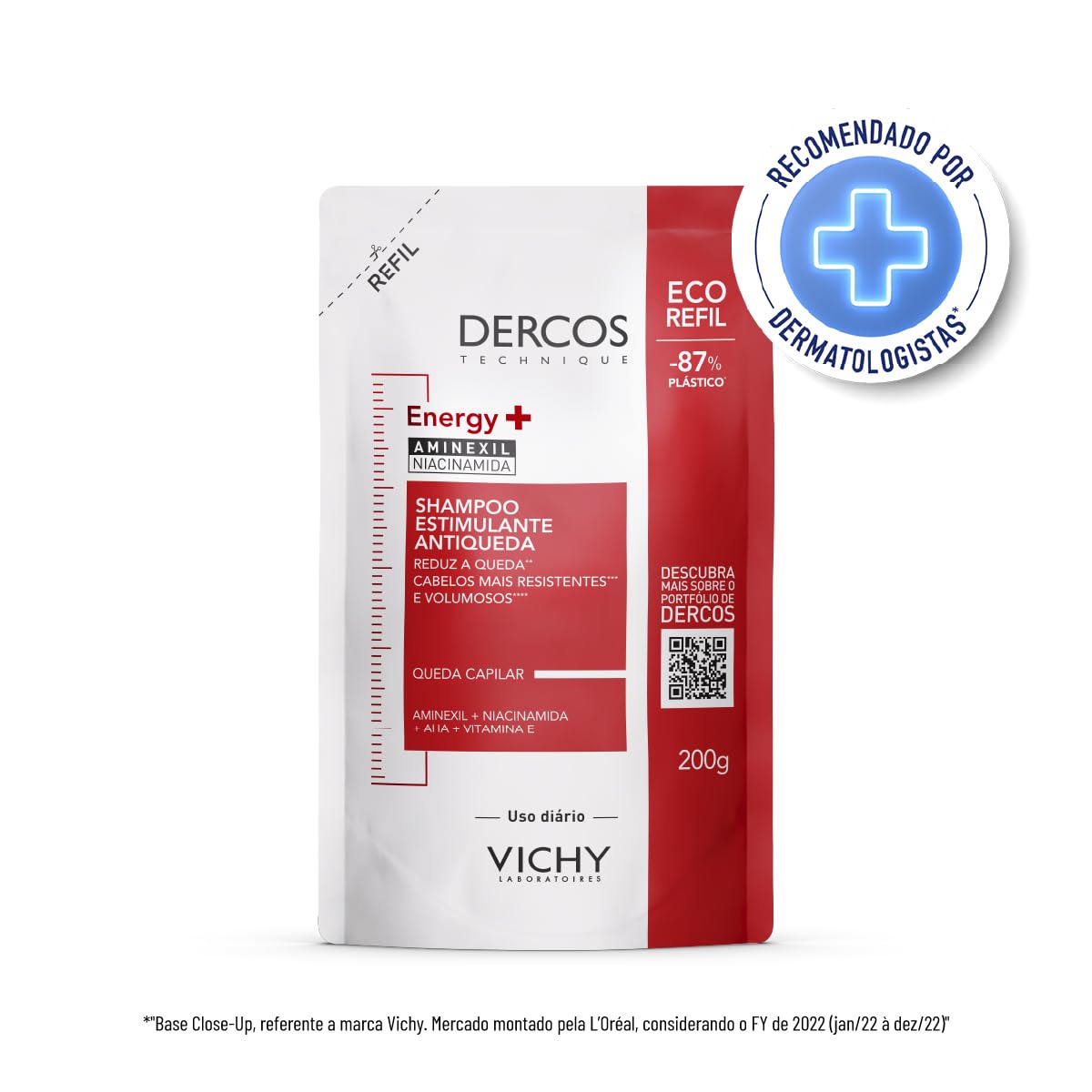 Vichy Dercos Energy+, Refil Shampoo Estimulante, Tratamento Antiqueda para Cabelos Fracos e Quebradiços, Fortalece os Fios com Aminexil, AHA, Niacinamida e Vitamina E, 200g