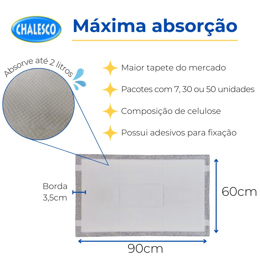 Tapete Higiênico Chalesco 50 Un – Gel Superabsorvente com Controle de Odores 90x60 cm