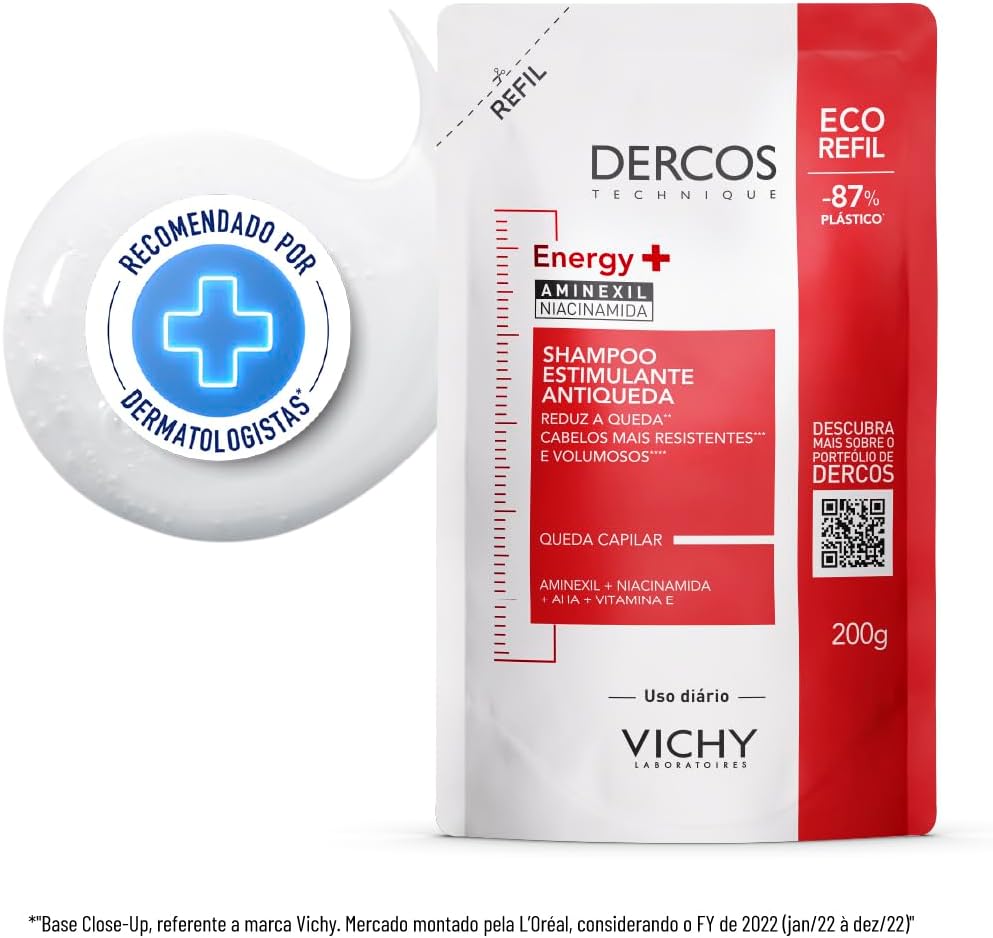 Vichy Dercos Energy+, Refil Shampoo Estimulante, Tratamento Antiqueda para Cabelos Fracos e Quebradiços, Fortalece os Fios com Aminexil, AHA, Niacinamida e Vitamina E, 200g