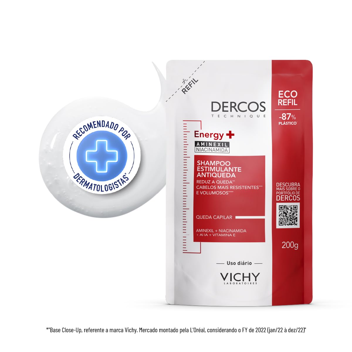 Vichy Dercos Energy+, Refil Shampoo Estimulante, Tratamento Antiqueda para Cabelos Fracos e Quebradiços, Fortalece os Fios com Aminexil, AHA, Niacinamida e Vitamina E, 200g