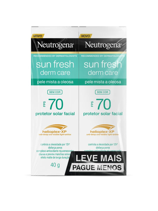 Neutrogena Sun Fresh Protetor Solar Facial Para Pele Oleosa Derm Care, FPS 70, Sem Cor, Kit com 2 Unidades de 40g