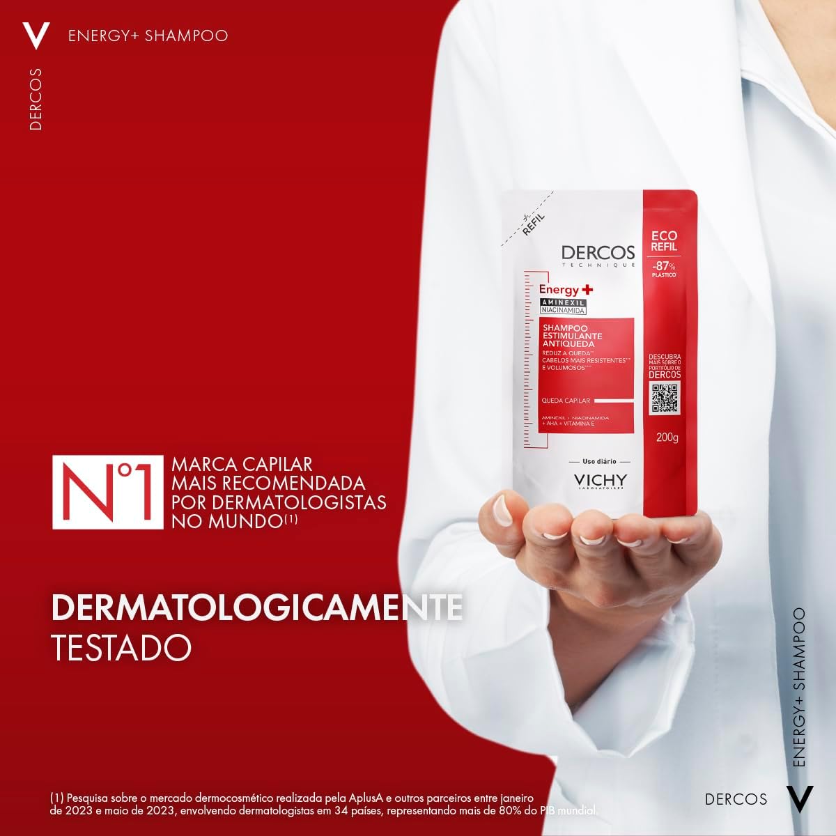 Vichy Dercos Energy+, Refil Shampoo Estimulante, Tratamento Antiqueda para Cabelos Fracos e Quebradiços, Fortalece os Fios com Aminexil, AHA, Niacinamida e Vitamina E, 200g