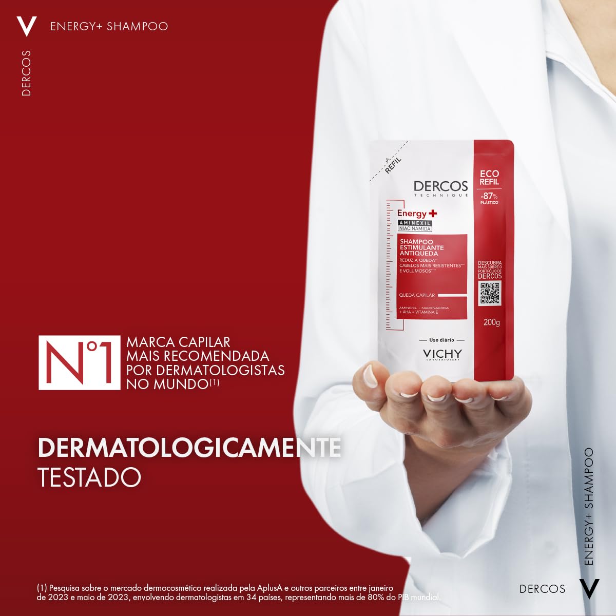 Vichy Dercos Energy+, Refil Shampoo Estimulante, Tratamento Antiqueda para Cabelos Fracos e Quebradiços, Fortalece os Fios com Aminexil, AHA, Niacinamida e Vitamina E, 200g