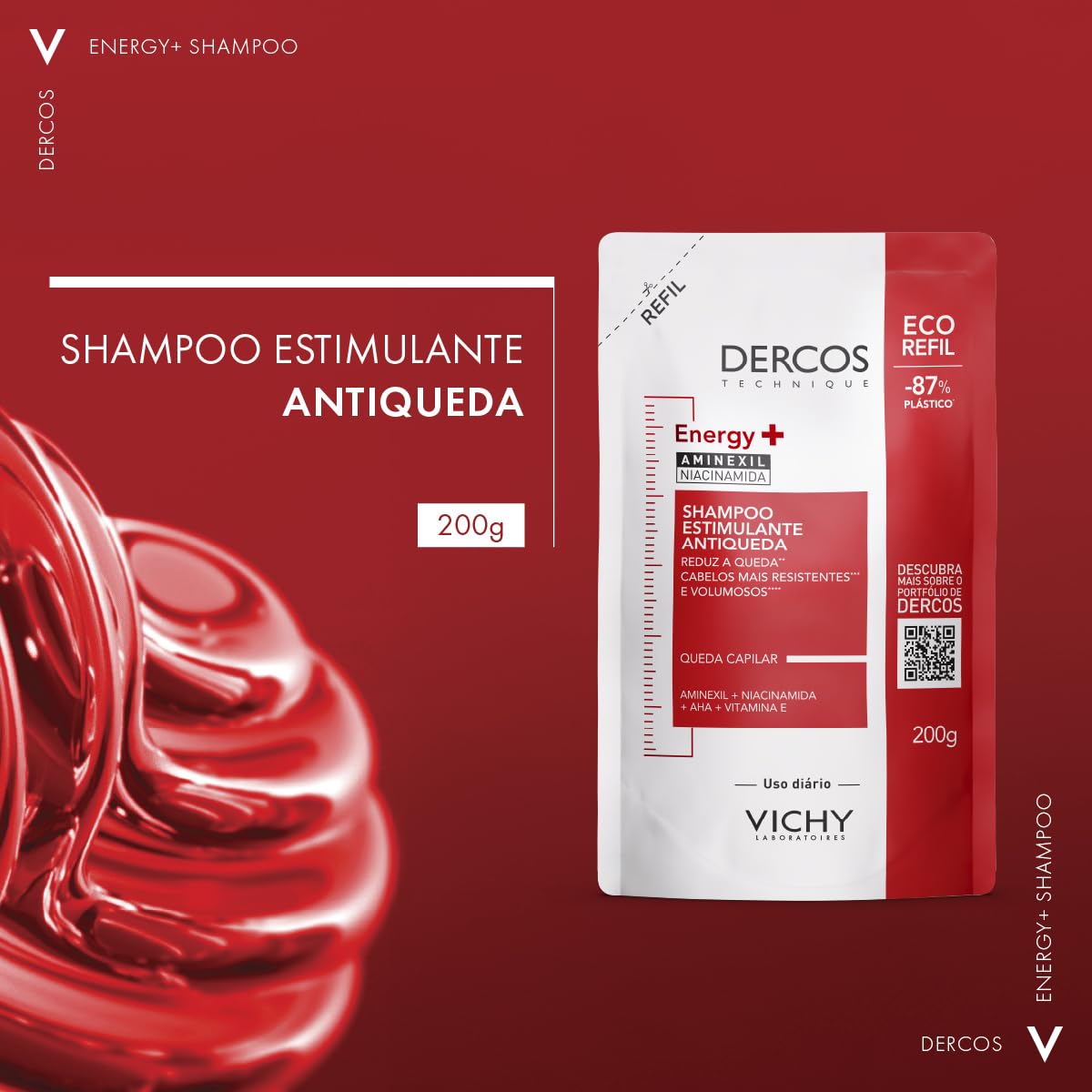 Vichy Dercos Energy+, Refil Shampoo Estimulante, Tratamento Antiqueda para Cabelos Fracos e Quebradiços, Fortalece os Fios com Aminexil, AHA, Niacinamida e Vitamina E, 200g