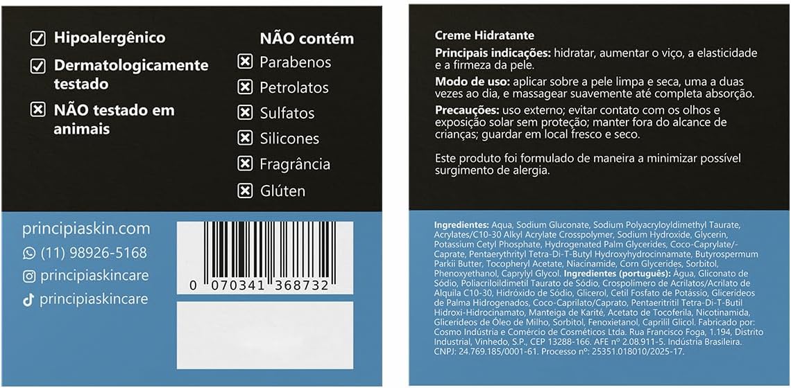 PRINCIPIA, Creme Hidratante Facial 5% Manteiga de Karité + 5% Glicerina + 2% Niacinamida CH-01 com 50g