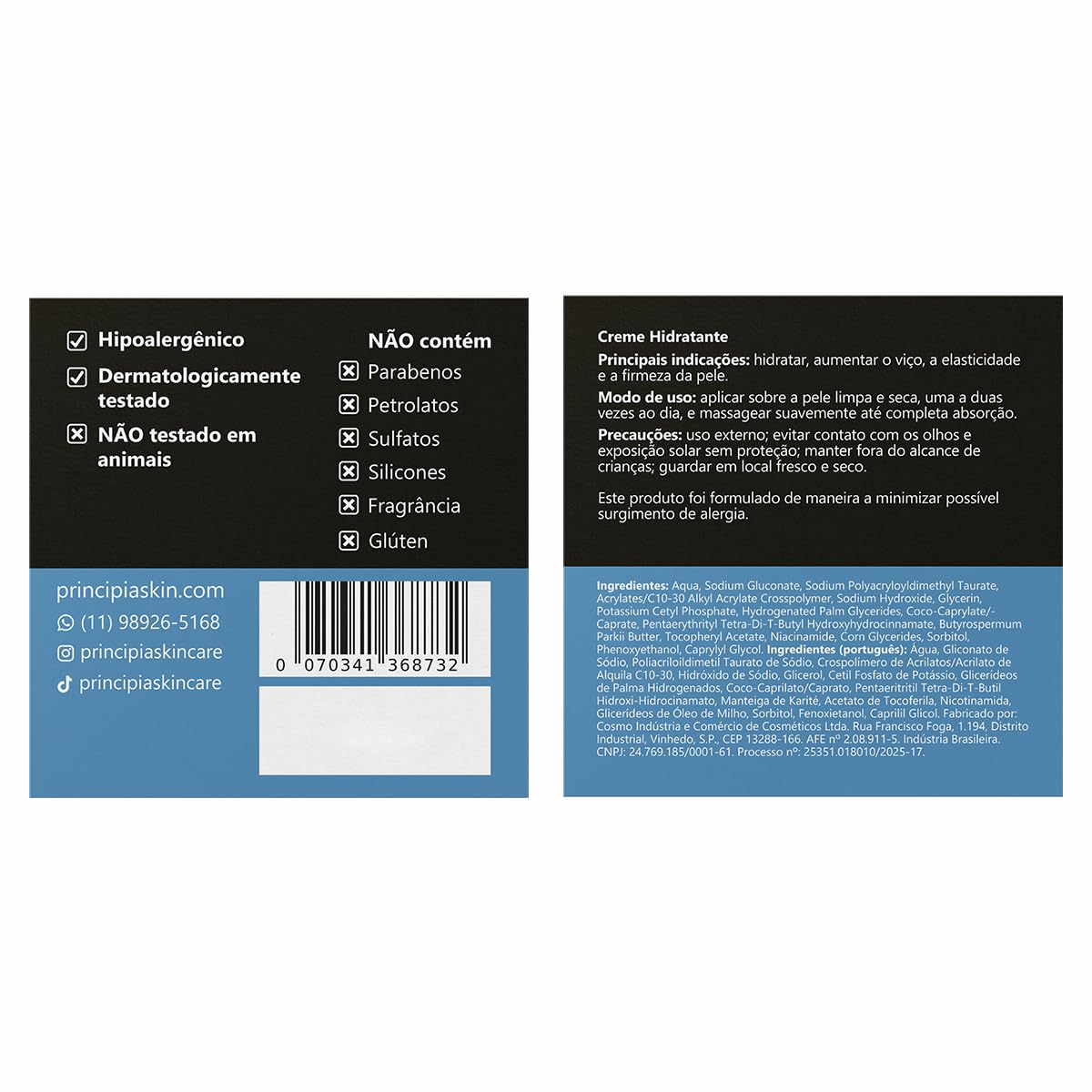 PRINCIPIA, Creme Hidratante Facial 5% Manteiga de Karité + 5% Glicerina + 2% Niacinamida CH-01 com 50g