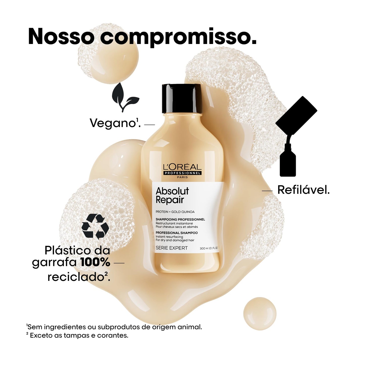 L'Oréal Professionnel Serie Expert Absolut Repair, Shampoo Reconstrutor para Cabelos Danificados e Finos Refil com Quinoa Dourada, Reparação Profunda e Brilho Intenso 240ml