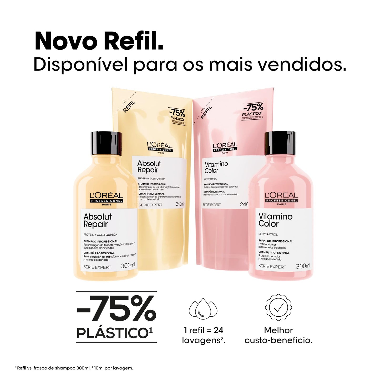 L'Oréal Professionnel Serie Expert Absolut Repair, Shampoo Reconstrutor para Cabelos Danificados e Finos Refil com Quinoa Dourada, Reparação Profunda e Brilho Intenso 240ml