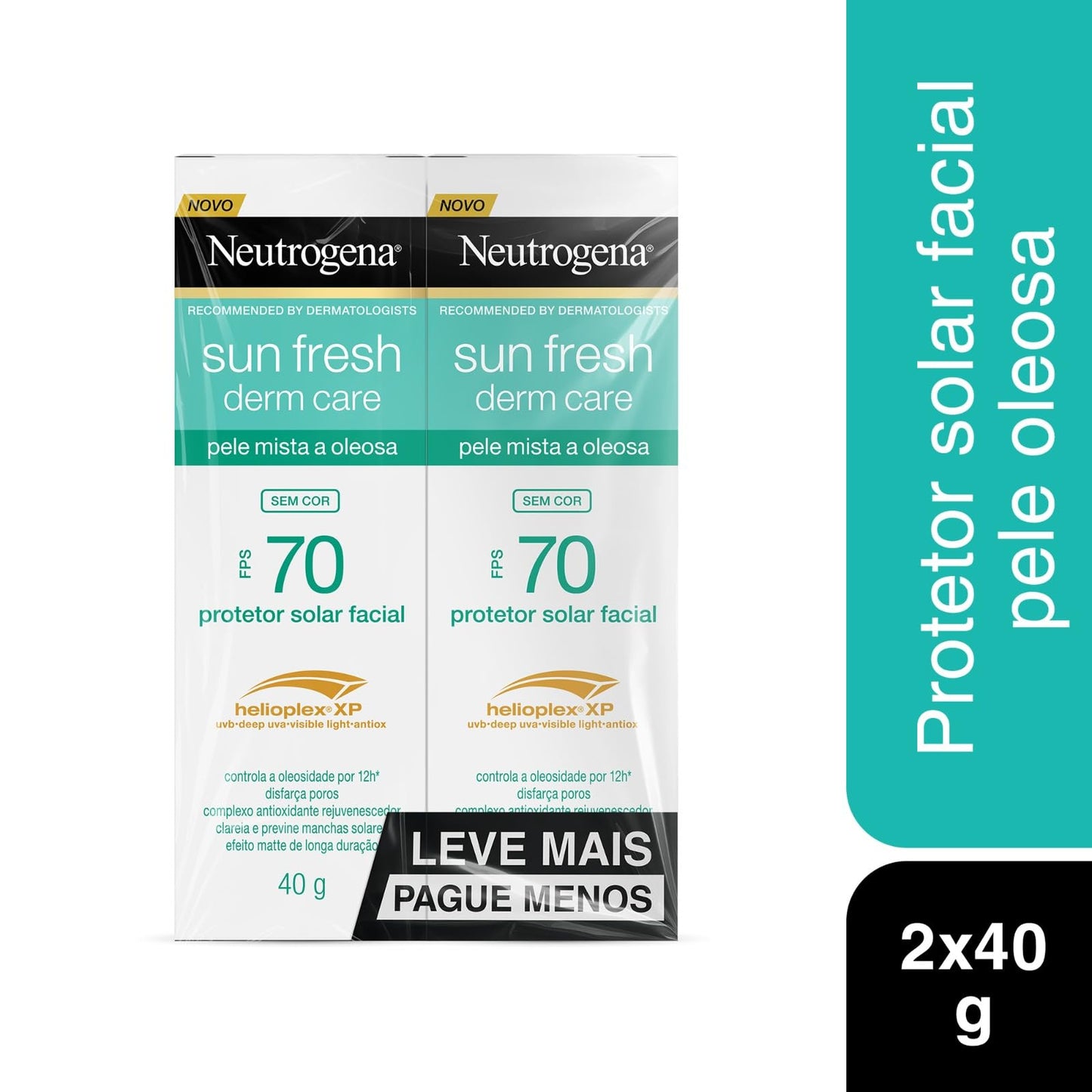 Neutrogena Sun Fresh Protetor Solar Facial Para Pele Oleosa Derm Care, FPS 70, Sem Cor, Kit com 2 Unidades de 40g