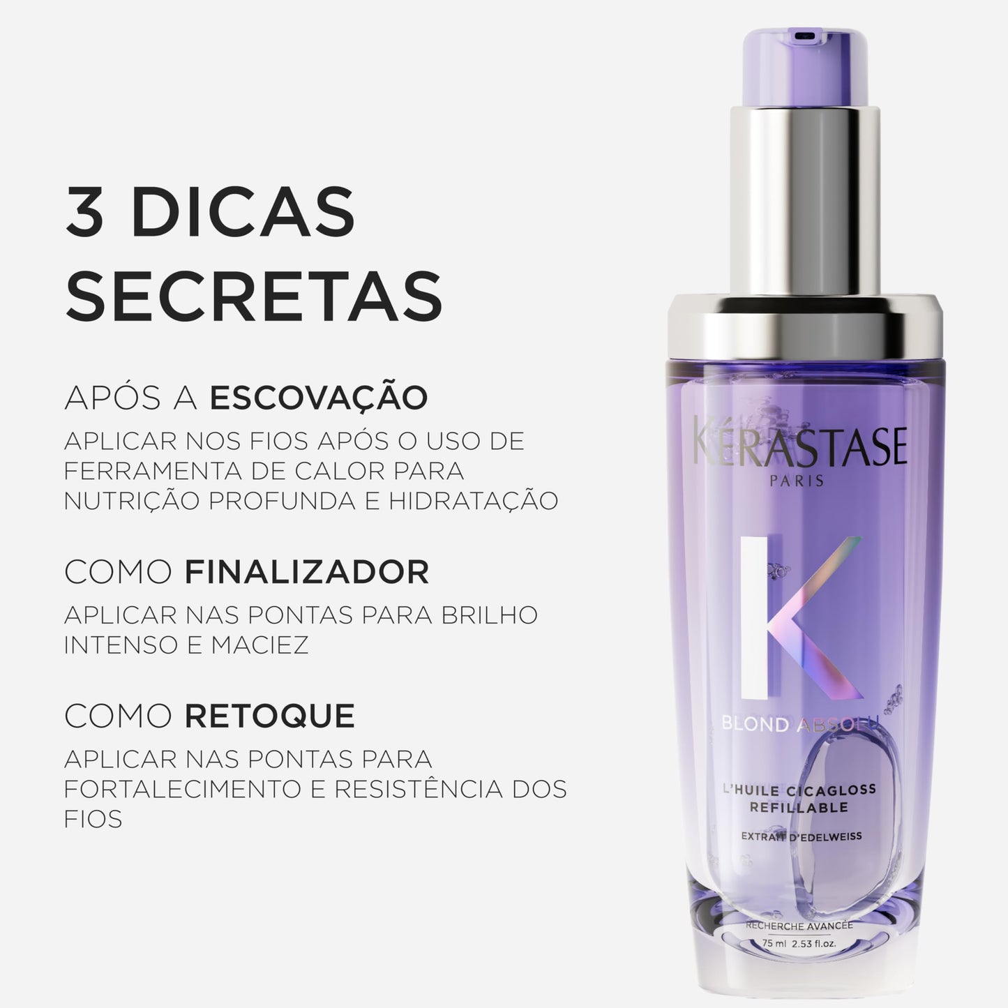 Kérastase, Óleo Capilar,Blond Absolu, L'Huile Cicagloss, para cabelos loiros, fornece hidratação profunda, recuperação de danos, efeito de brilho instantâneo, Refilável, 75ml