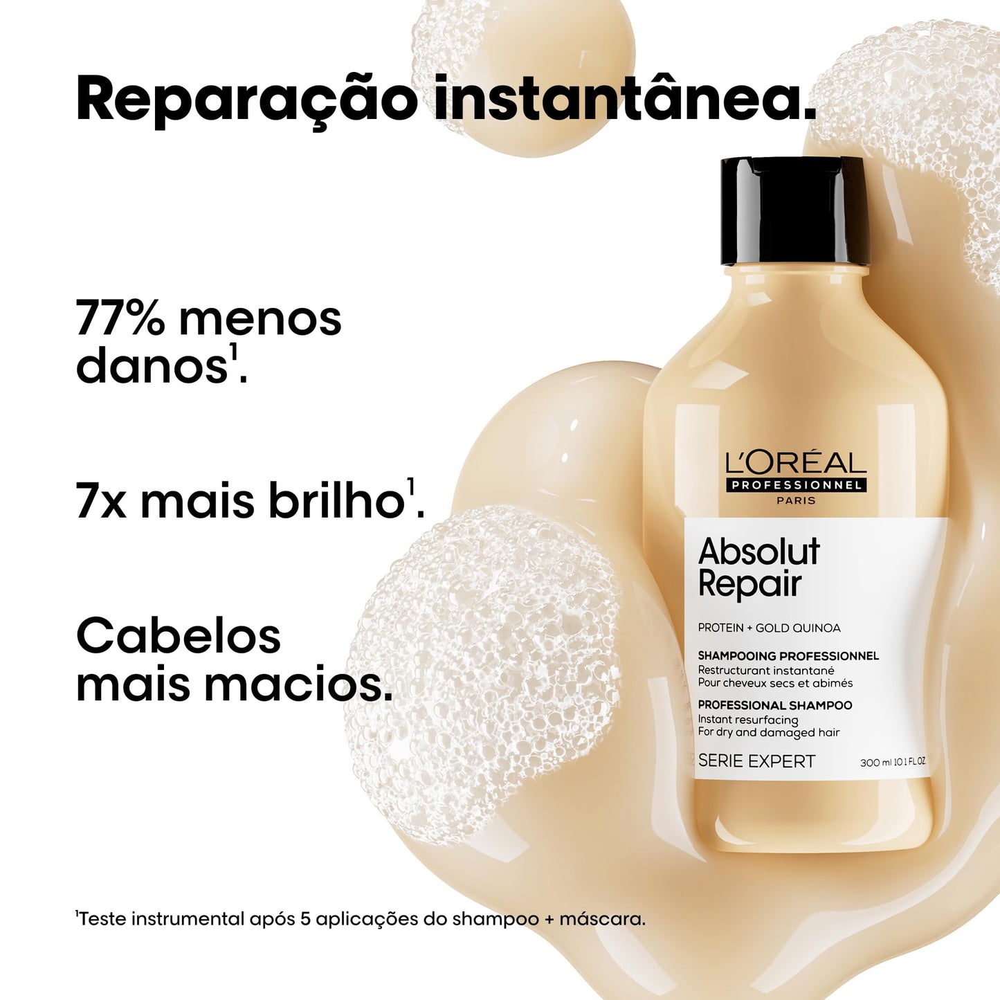 L'Oréal Professionnel Serie Expert Absolut Repair, Shampoo Reconstrutor para Cabelos Danificados e Finos Refil com Quinoa Dourada, Reparação Profunda e Brilho Intenso 240ml
