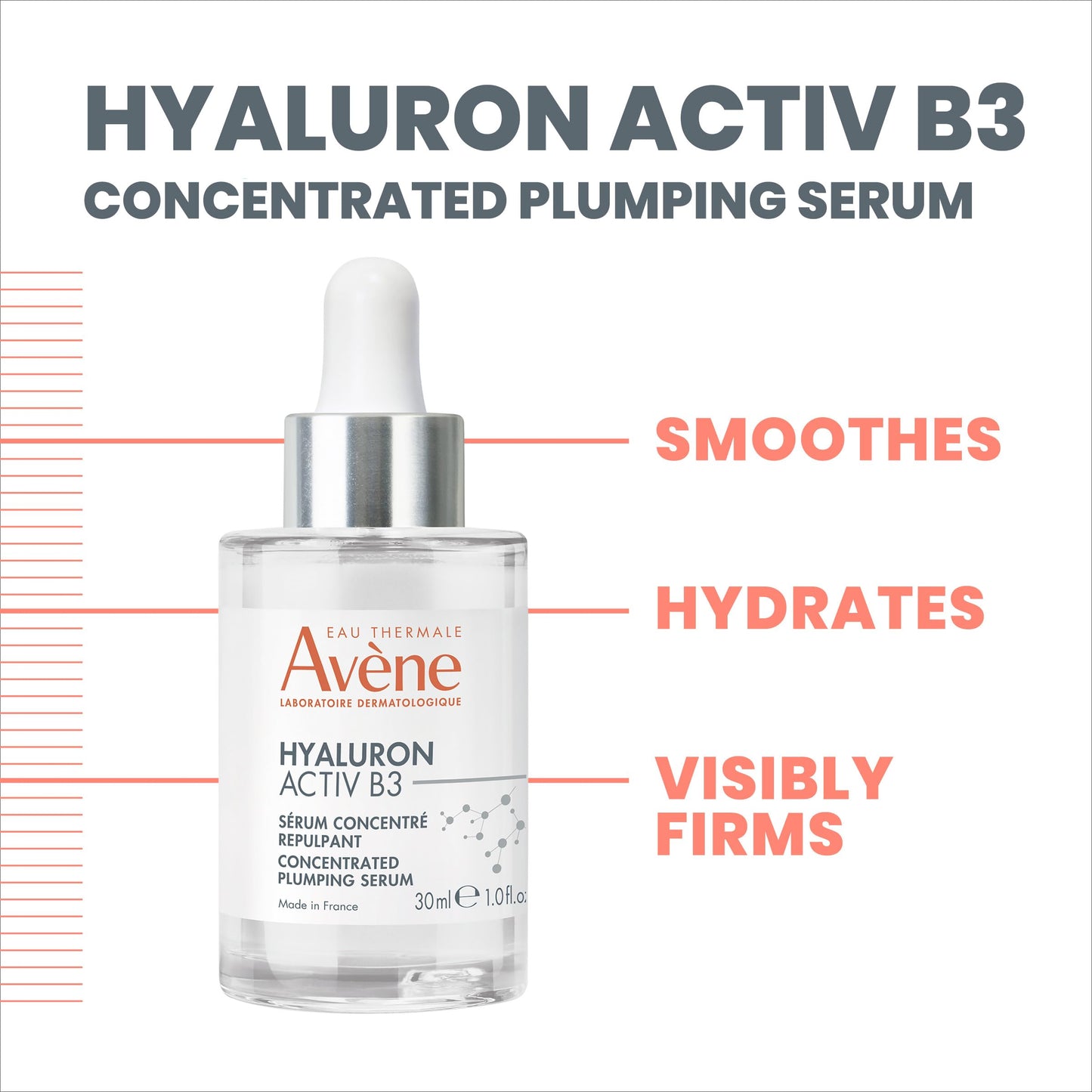 Avène Hyaluron Activ B3 Sérum Concentrado Preenchedor Com Niacinamida, Adenosina, Dois Tipos de Ácido Hialurônico Puro e Água Termal Avène. Preenche e Reduz Visivelmente Rugas, Melhora Elasticidade, Firmeza e Luminosidade da Pele. Indicado para todos os t