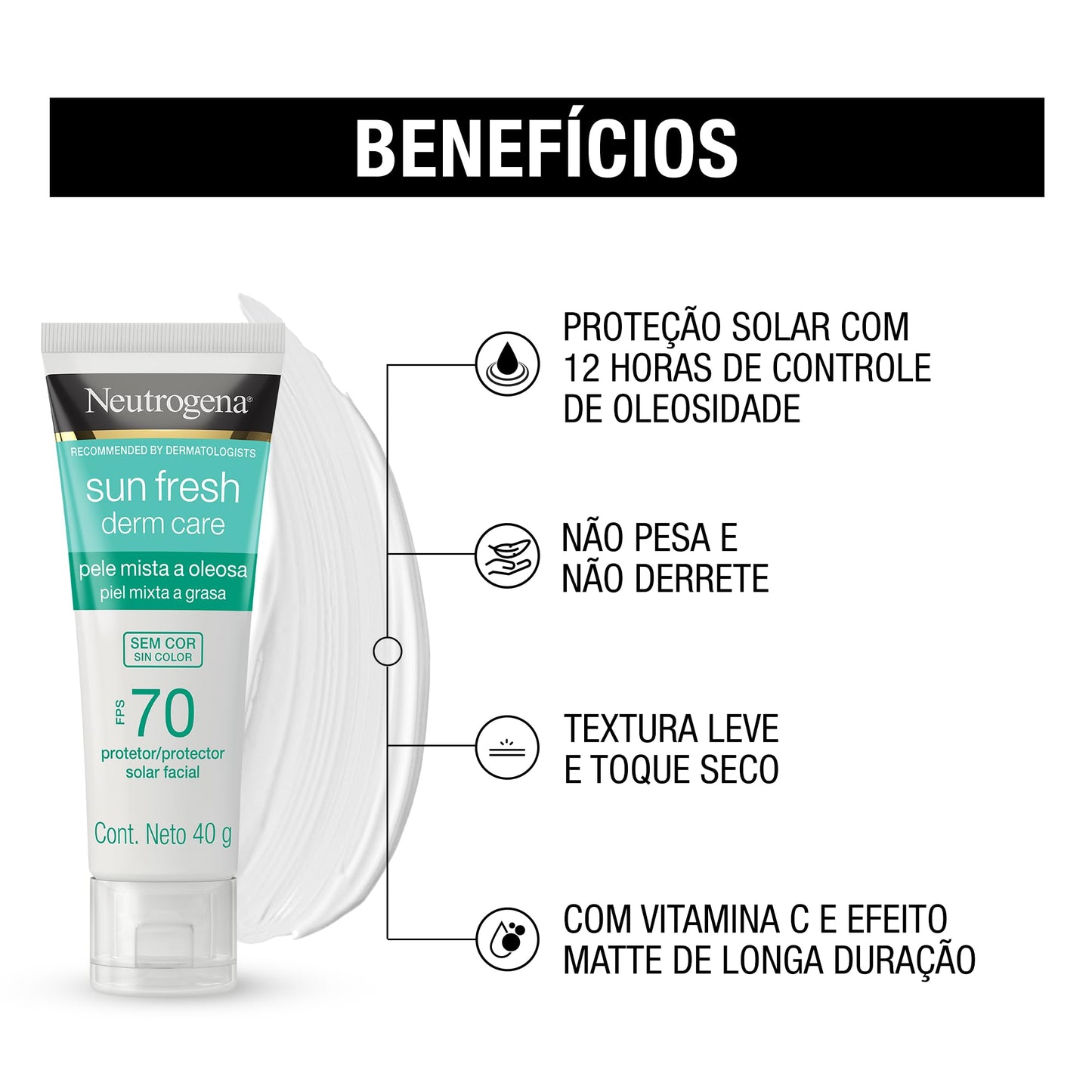 Neutrogena Sun Fresh Protetor Solar Facial Para Pele Oleosa Derm Care, FPS 70, Sem Cor, Kit com 2 Unidades de 40g