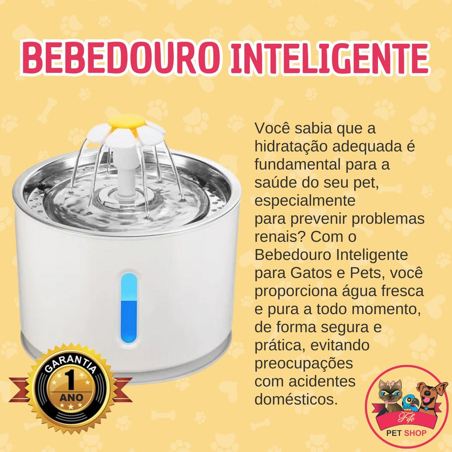 Bebedouro Fonte Inteligente para Gatos 2L — Alerta Falta d’Água, Desligamento Automático + Brinquedo Para Entretenimento