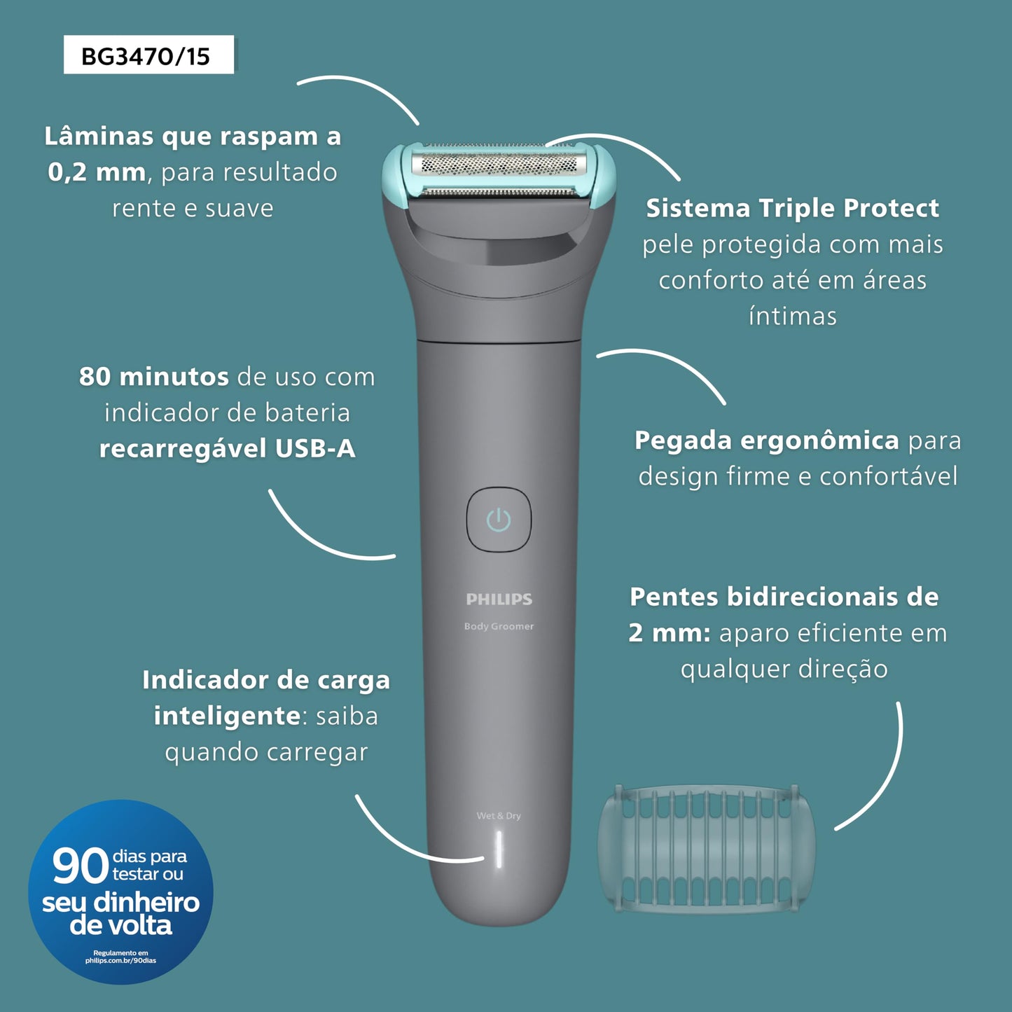 PHILIPS aparador e raspador de pelos do corpo, à prova d’água, Bivolt - BG3470/15