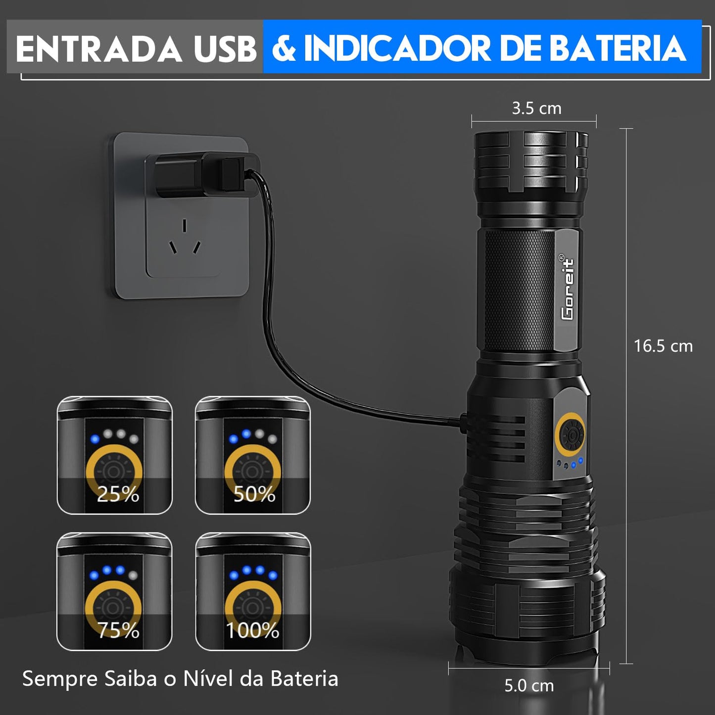 Lanterna Led Recarregavel 10000 Lumens, Goreit Lanterna Tatica Militar Super Potente XHP70.2, Lanterna a Pilha Lanterna De Choque Defesa Pessoal USB Para Acampamento Caminhada Pesca EmergêNcia