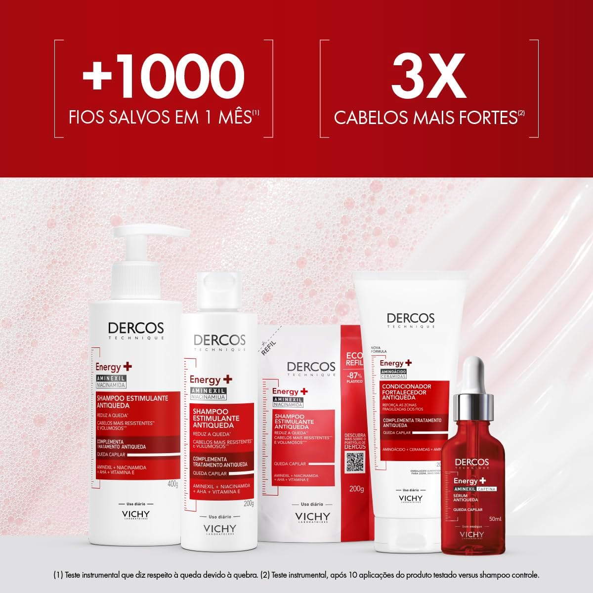 Vichy Dercos Energy+, Refil Shampoo Estimulante, Tratamento Antiqueda para Cabelos Fracos e Quebradiços, Fortalece os Fios com Aminexil, AHA, Niacinamida e Vitamina E, 200g