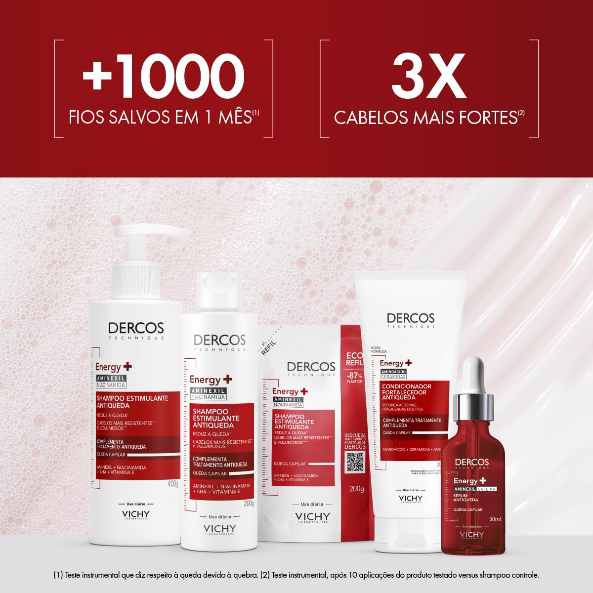 Vichy Dercos Energy+, Refil Shampoo Estimulante, Tratamento Antiqueda para Cabelos Fracos e Quebradiços, Fortalece os Fios com Aminexil, AHA, Niacinamida e Vitamina E, 200g