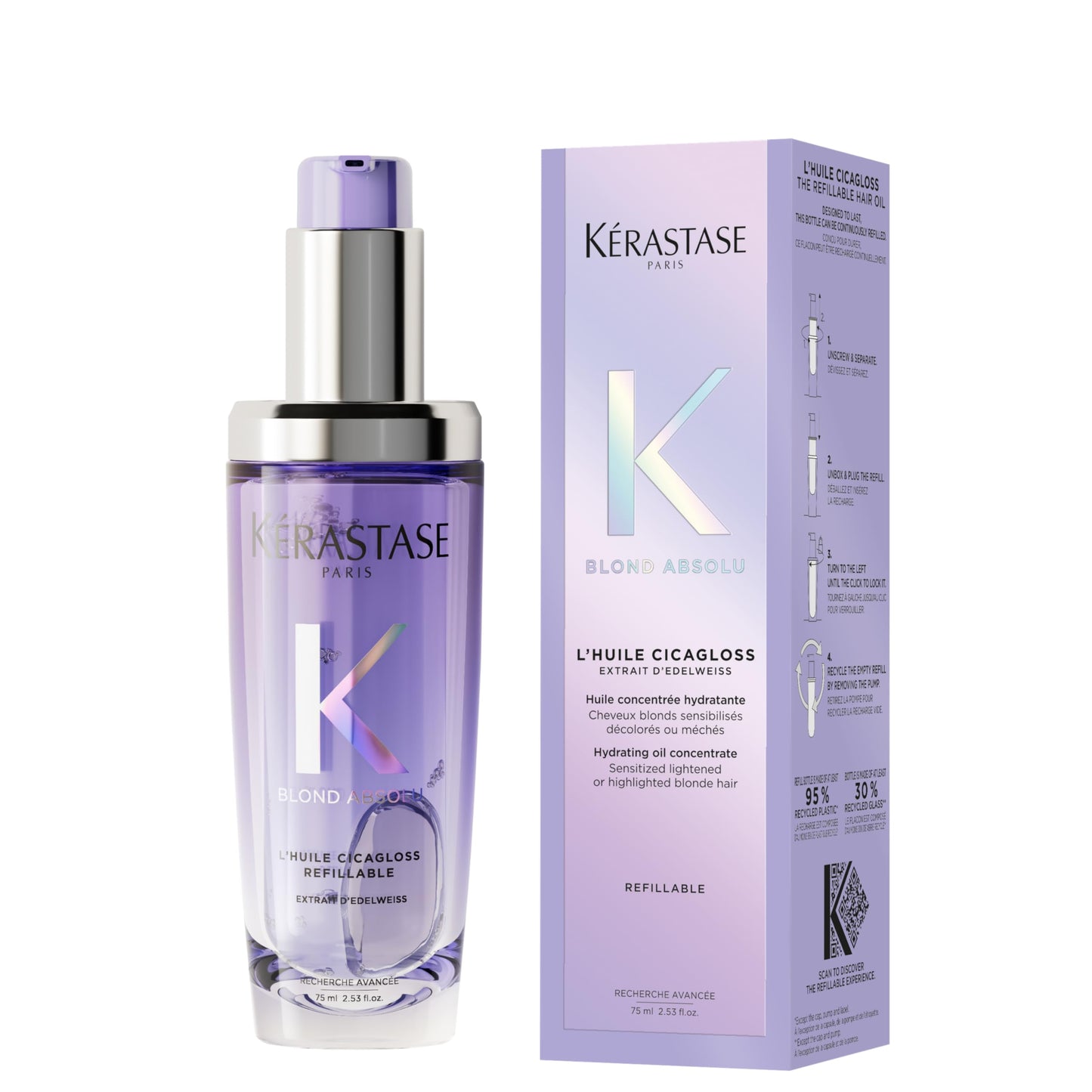 Kérastase, Óleo Capilar,Blond Absolu, L'Huile Cicagloss, para cabelos loiros, fornece hidratação profunda, recuperação de danos, efeito de brilho instantâneo, Refilável, 75ml