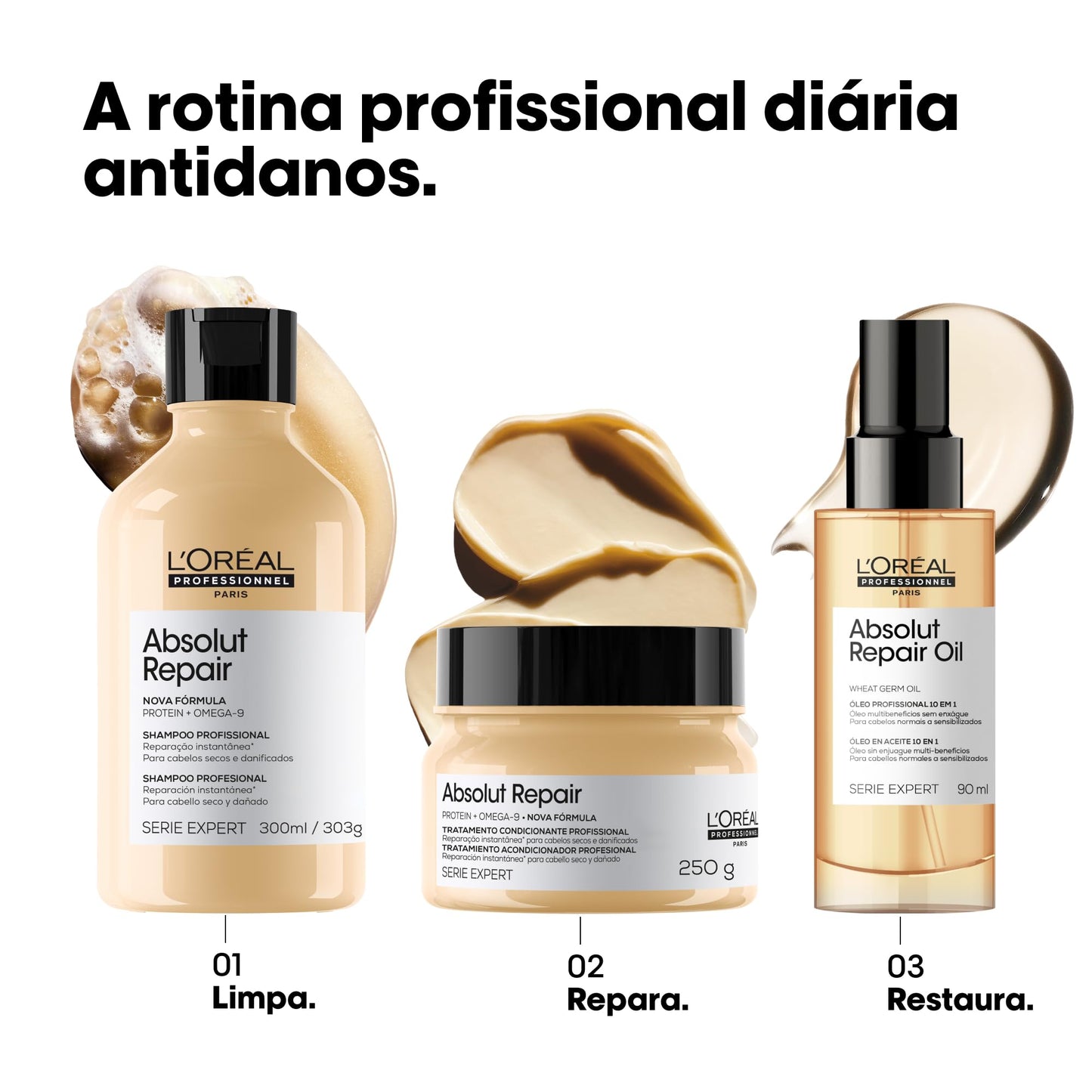 L'Oréal Professionnel Óleo 10 em 1 Absolut Repair, Multi-benefícios para cabelos secos e danificados, Repara e Promove Brilho, Com Gold Quinoa e Proteínas, 90ml