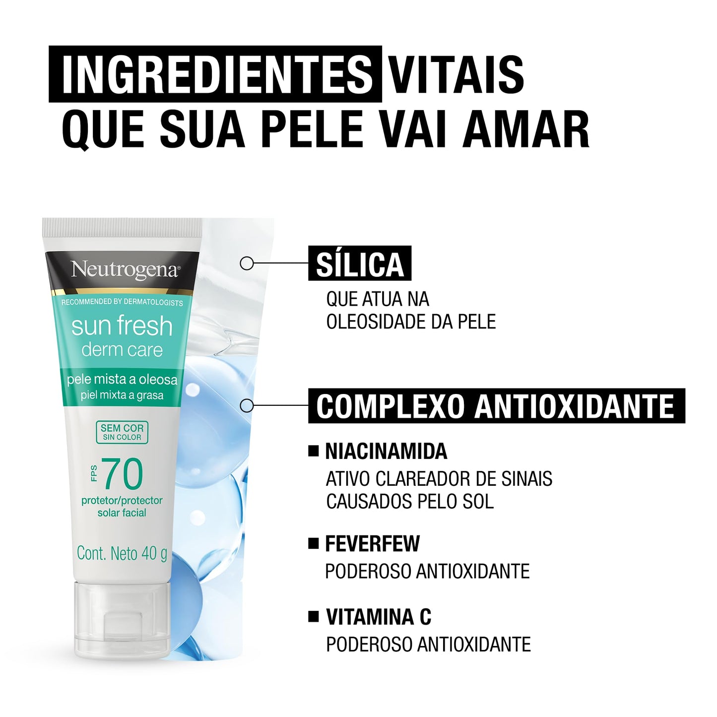 Neutrogena Sun Fresh Protetor Solar Facial Para Pele Oleosa Derm Care, FPS 70, Sem Cor, Kit com 2 Unidades de 40g