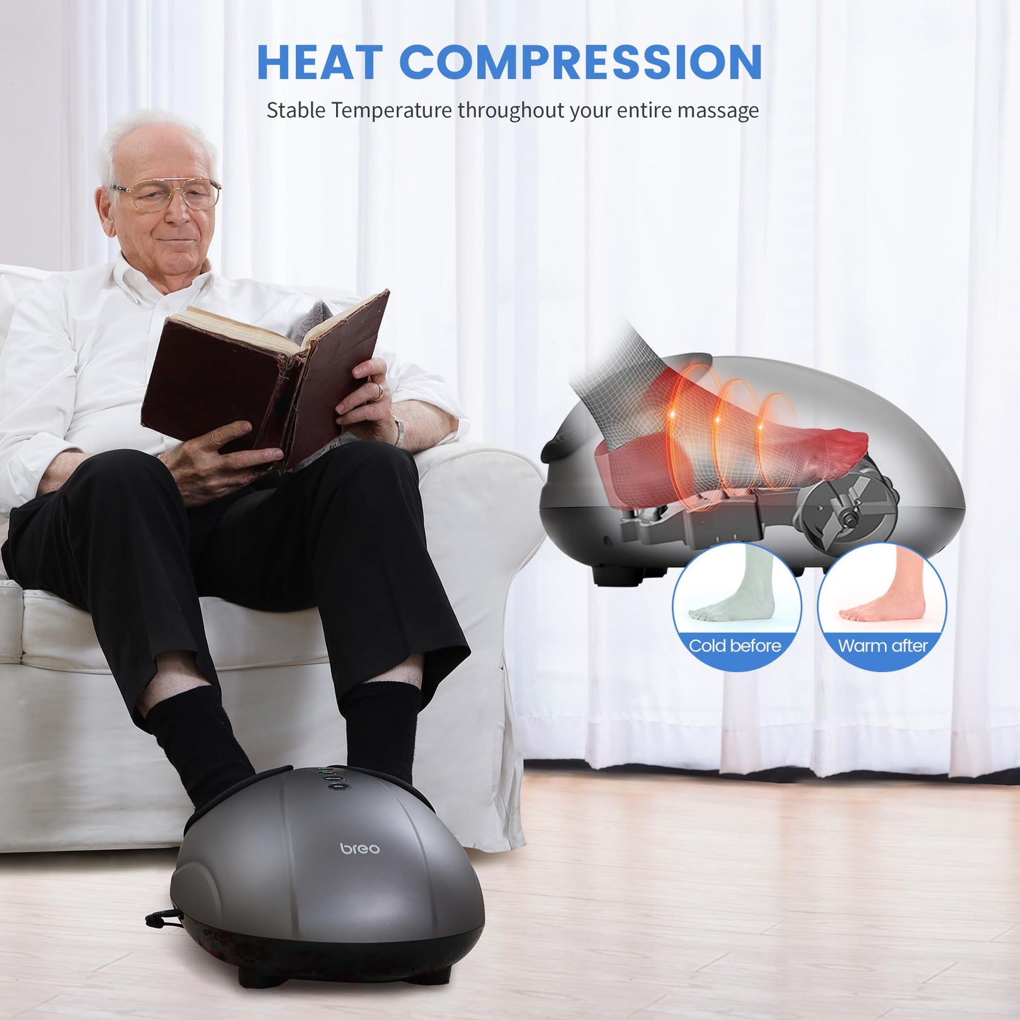 Breo Massageador de pé com calor, terapia de massagem de massagem de massagem de joelho, rolamento profundo, alivia a dor do pé para até o tamanho 11