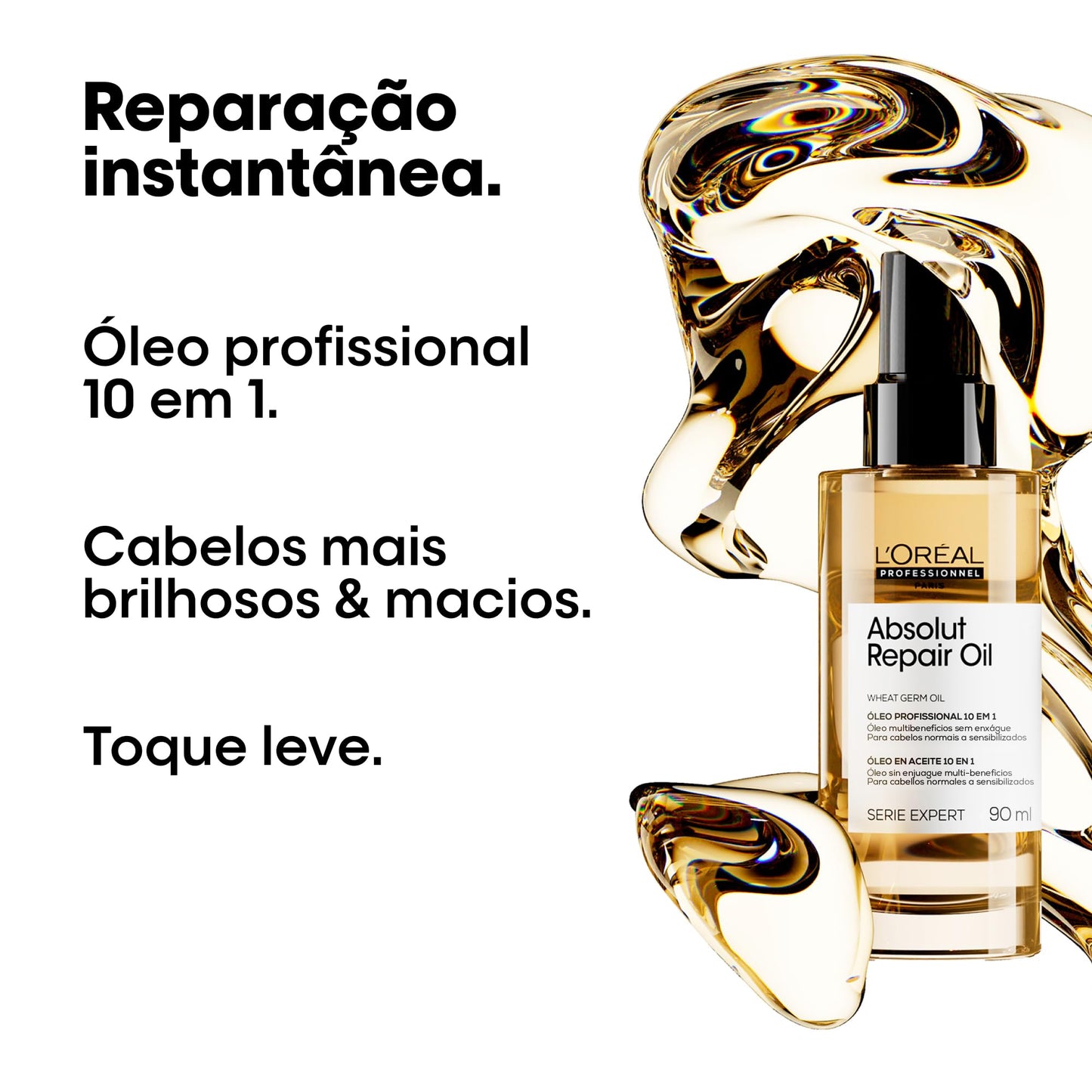 L'Oréal Professionnel Óleo 10 em 1 Absolut Repair, Multi-benefícios para cabelos secos e danificados, Repara e Promove Brilho, Com Gold Quinoa e Proteínas, 90ml