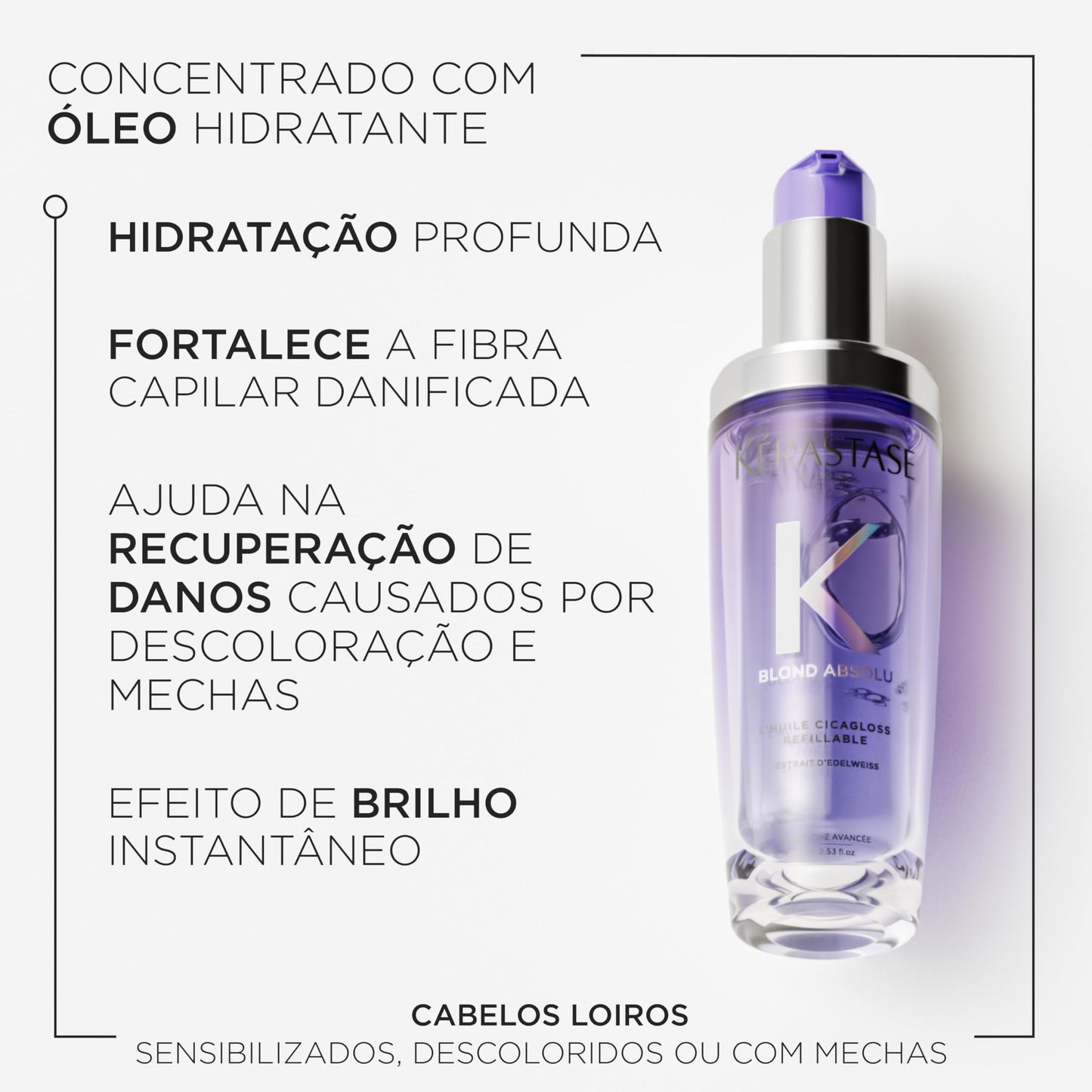 Kérastase, Óleo Capilar,Blond Absolu, L'Huile Cicagloss, para cabelos loiros, fornece hidratação profunda, recuperação de danos, efeito de brilho instantâneo, Refilável, 75ml