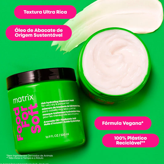 Matrix Food For Soft Máscara Capilar Hidratante, Com Ácido Hialurônico e Óleo de Abacate, Hidratação Profunda, Brilho e Maciez, Fórmula Vegana, Para Cabelos Secos, 500ml