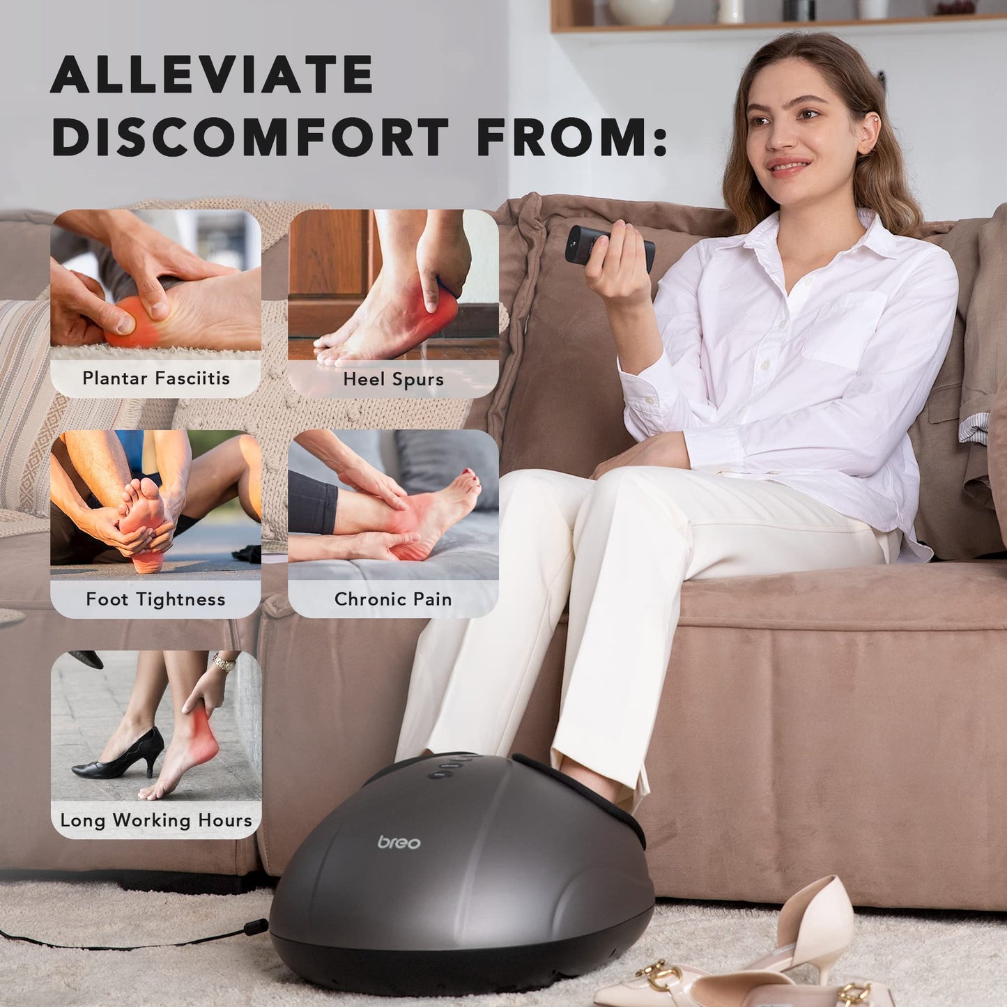 Breo Massageador de pé com calor, terapia de massagem de massagem de massagem de joelho, rolamento profundo, alivia a dor do pé para até o tamanho 11