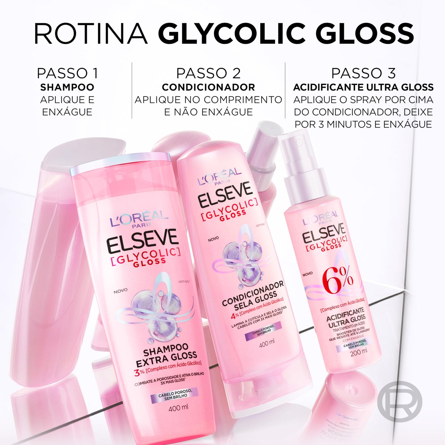 Kit Tratamento Capilar L'Oréal Paris Elseve Glycolic Gloss, Combate Porosidade, 5 Produtos para Brilho e Alinhamento