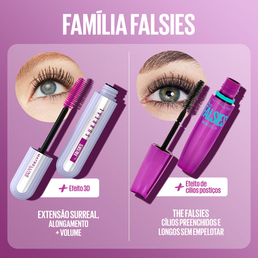 Maybelline NY The Falsies Surreal Máscara de Cílios, Efeito 3D, À Prova D'Água com Mix de Fibras Ultra-Longas, Aplicador 6 Mil Cerdas, Até 24h de Duração, Volumizadora e Alongadora, Cor Preta, 10ml